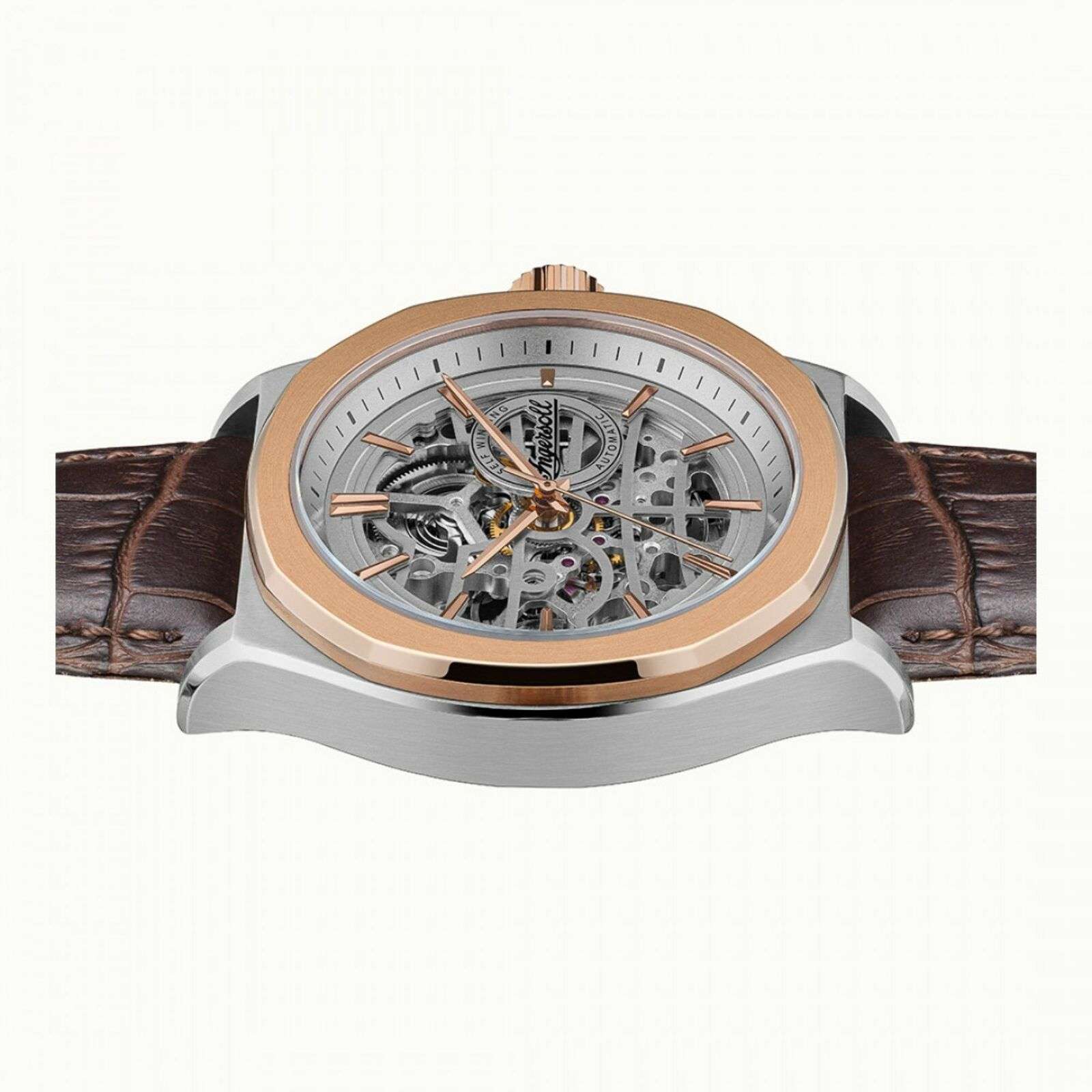 Ingersoll The Orville Automatik Silber Skelett Zifferblatt Braunes Lederarmband Herren Uhr I09301B