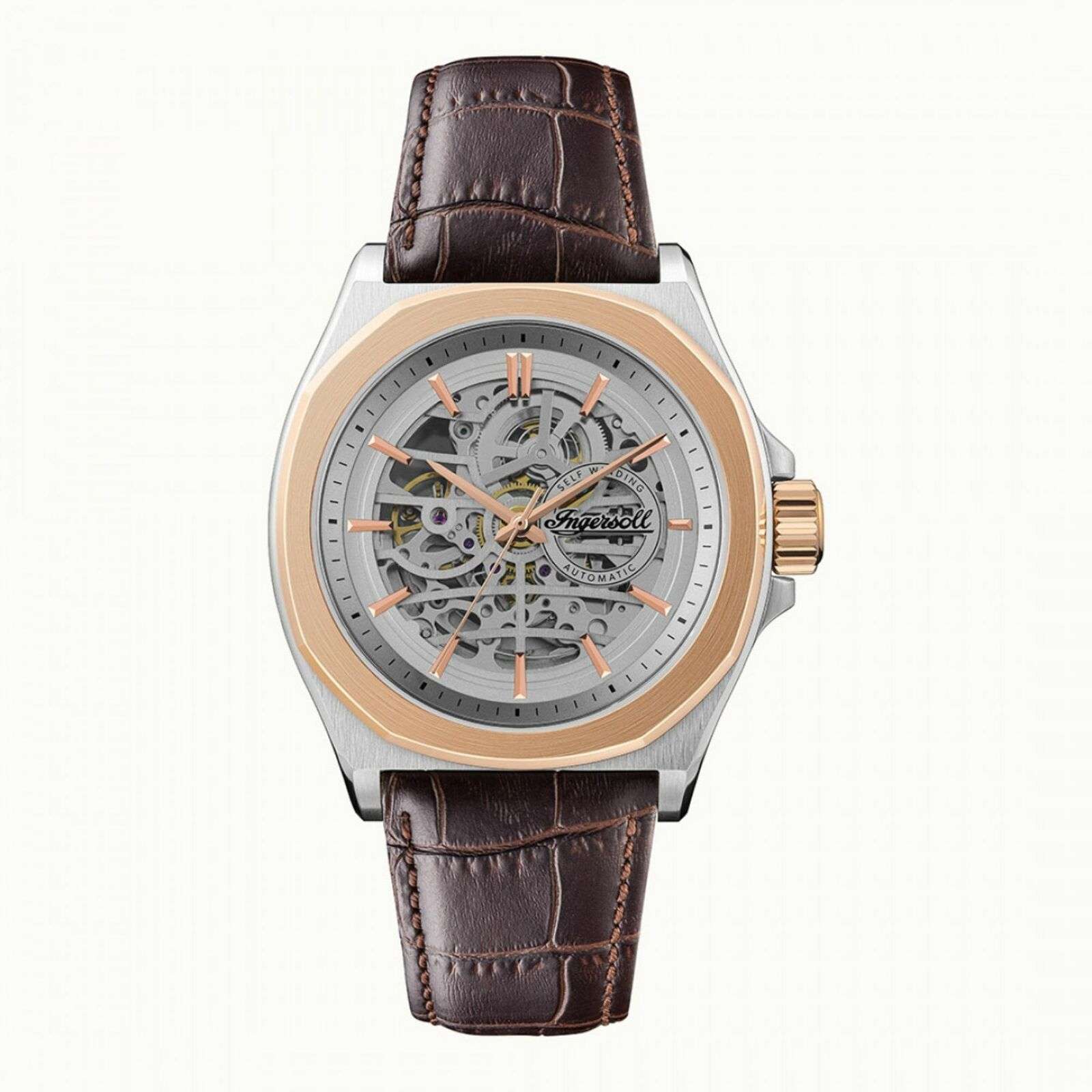 Ingersoll The Orville Automatik Silber Skelett Zifferblatt Braunes Lederarmband Herren Uhr I09301B