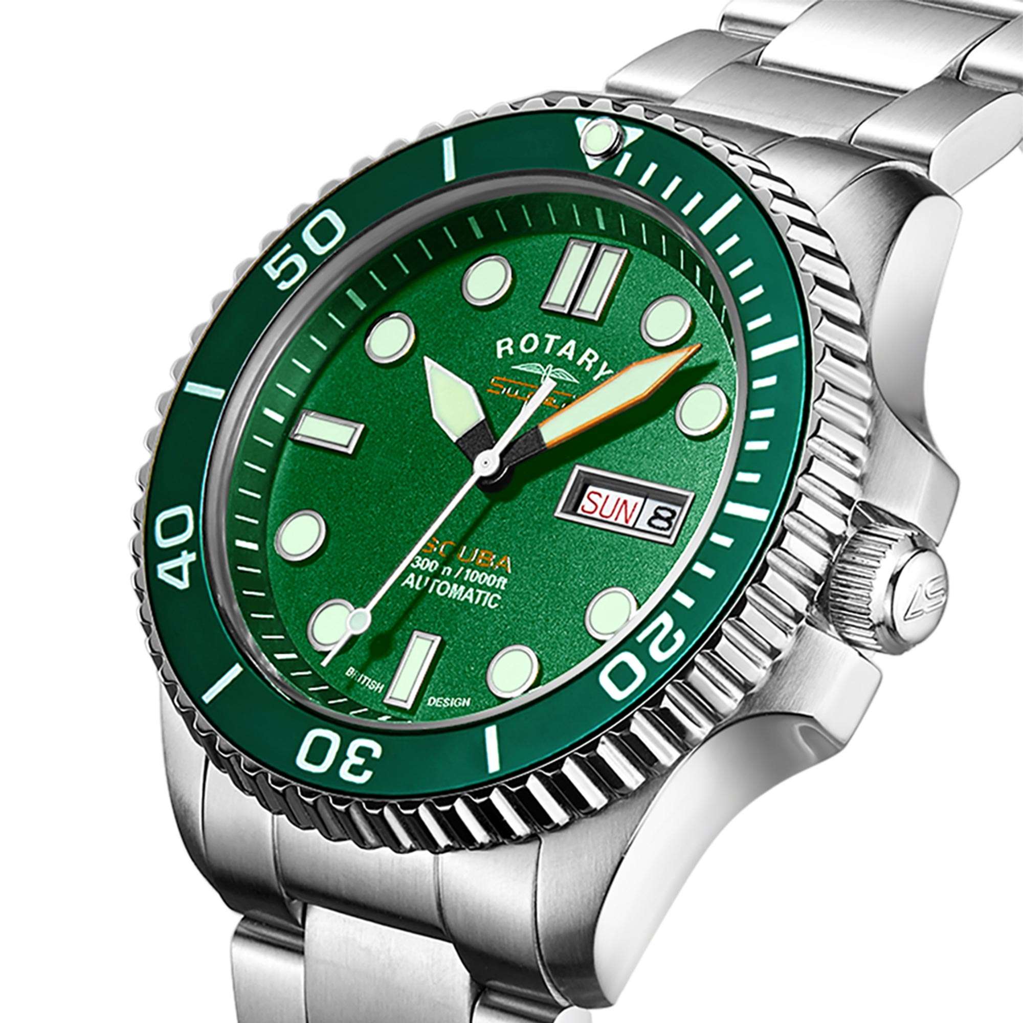 Rotary Super 7 SCUBA 'Hulk' Automatik Grünes Zifferblatt Silbernes Edelstahlarmband Herren Taucheruhr S7S003B
