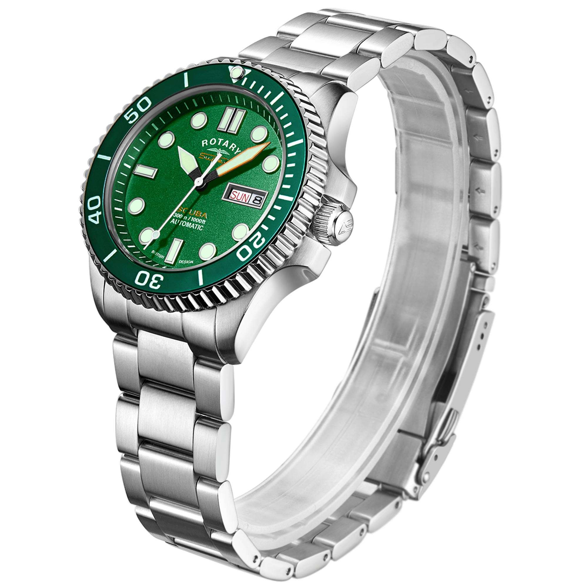 Rotary Super 7 SCUBA 'Hulk' Automatik Grünes Zifferblatt Silbernes Edelstahlarmband Herren Taucheruhr S7S003B