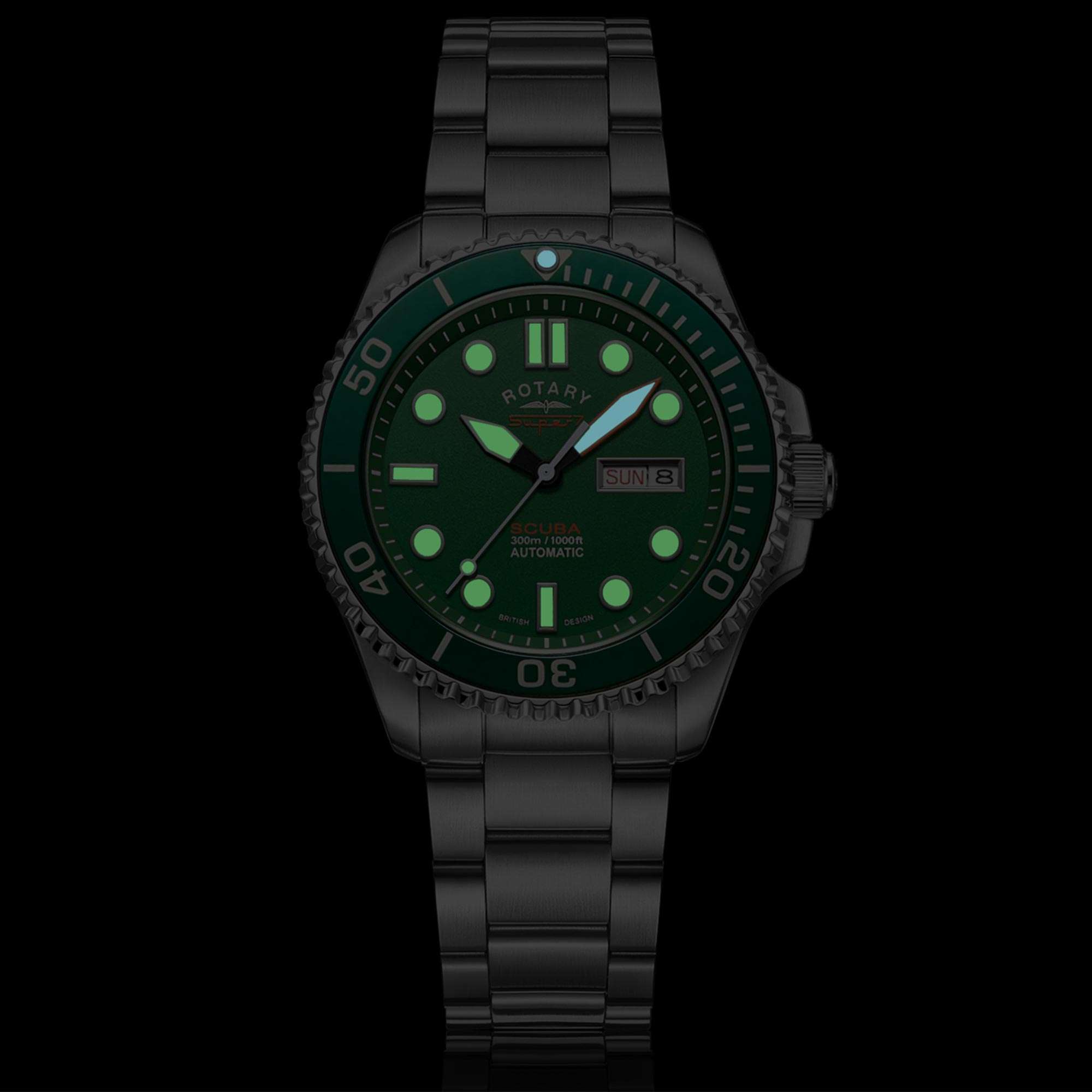 Rotary Super 7 SCUBA 'Hulk' Automatik Grünes Zifferblatt Silbernes Edelstahlarmband Herren Taucheruhr S7S003B