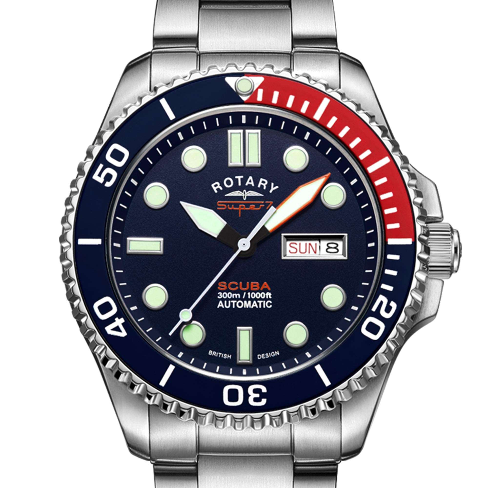 Rotary Super 7 SCUBA 'Pepsi' Automatik Marineblaues Zifferblatt Silbernes Edelstahlarmband Herren Taucheruhr S7S004B