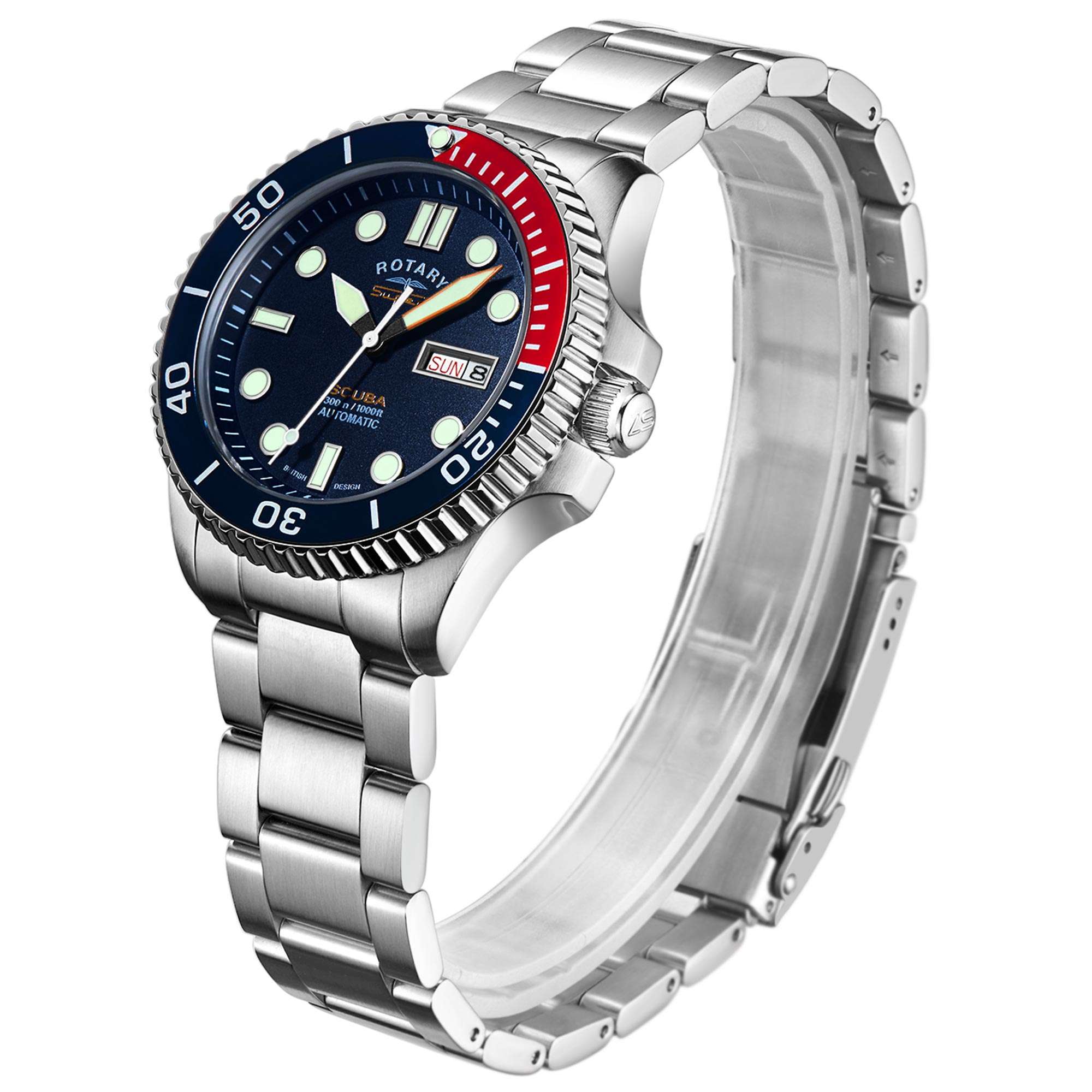 Rotary Super 7 SCUBA 'Pepsi' Automatik Marineblaues Zifferblatt Silbernes Edelstahlarmband Herren Taucheruhr S7S004B