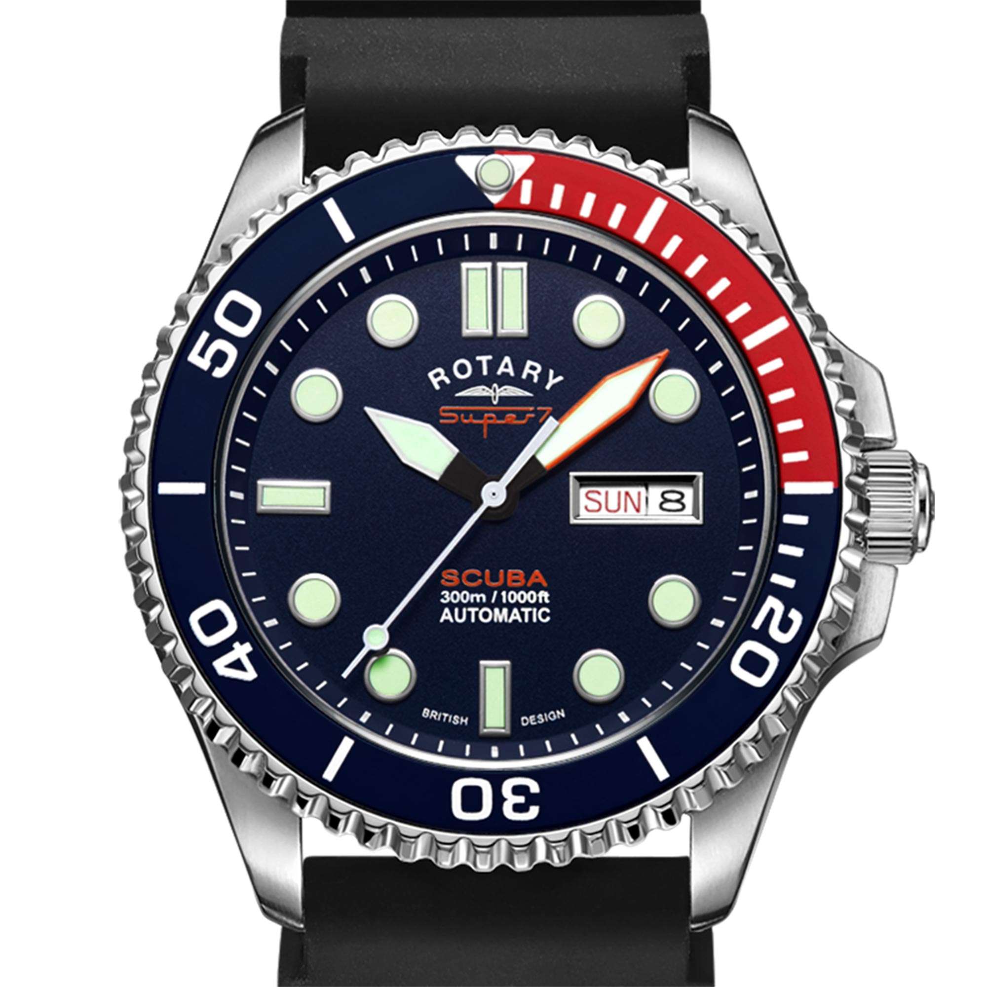 Rotary Super 7 SCUBA Pepsi Automatik Marineblaues Zifferblatt Silikonarmband Herren Taucheruhr S7S004S