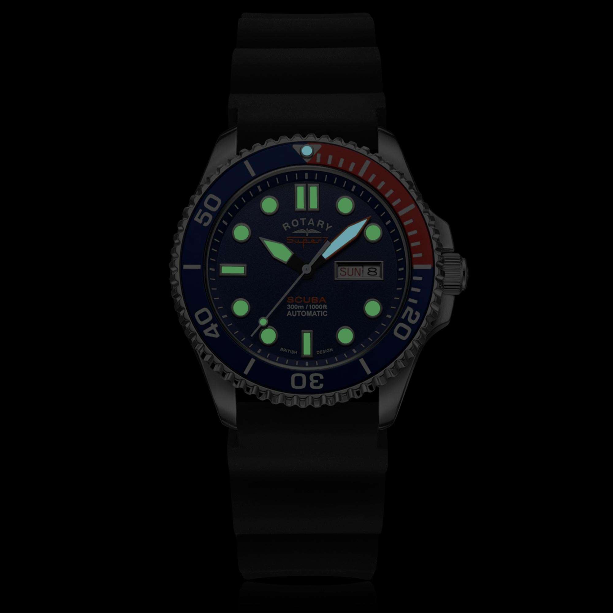 Rotary Super 7 SCUBA Pepsi Automatik Marineblaues Zifferblatt Silikonarmband Herren Taucheruhr S7S004S