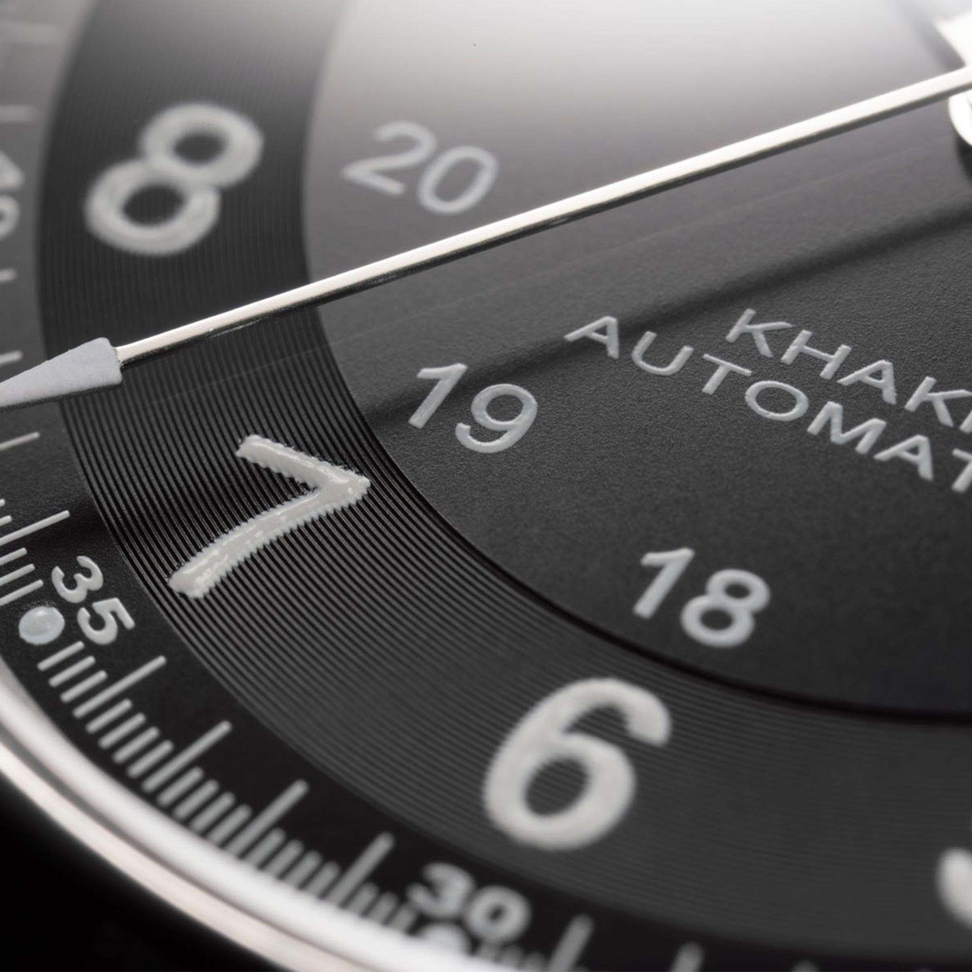 Hamilton Khaki Field H64455133 black dial with Arabic numerals and 24-hour inner ring close-up