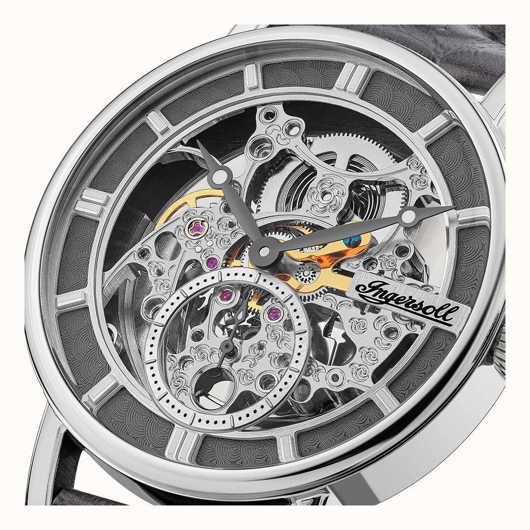 Ingersoll The Herald Automatik Graues Lederarmband Silbernes Zifferblatt Herren Uhr I00402B