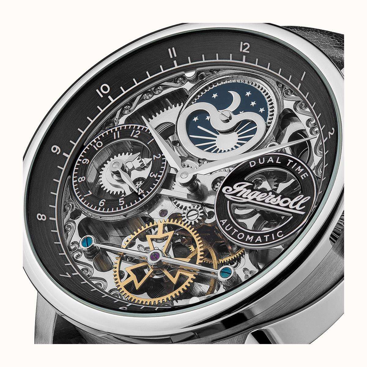 Ingersoll The Jazz Automatik Schwarzes Zifferblatt Schwarzes Lederarmband Herren Uhr I07701