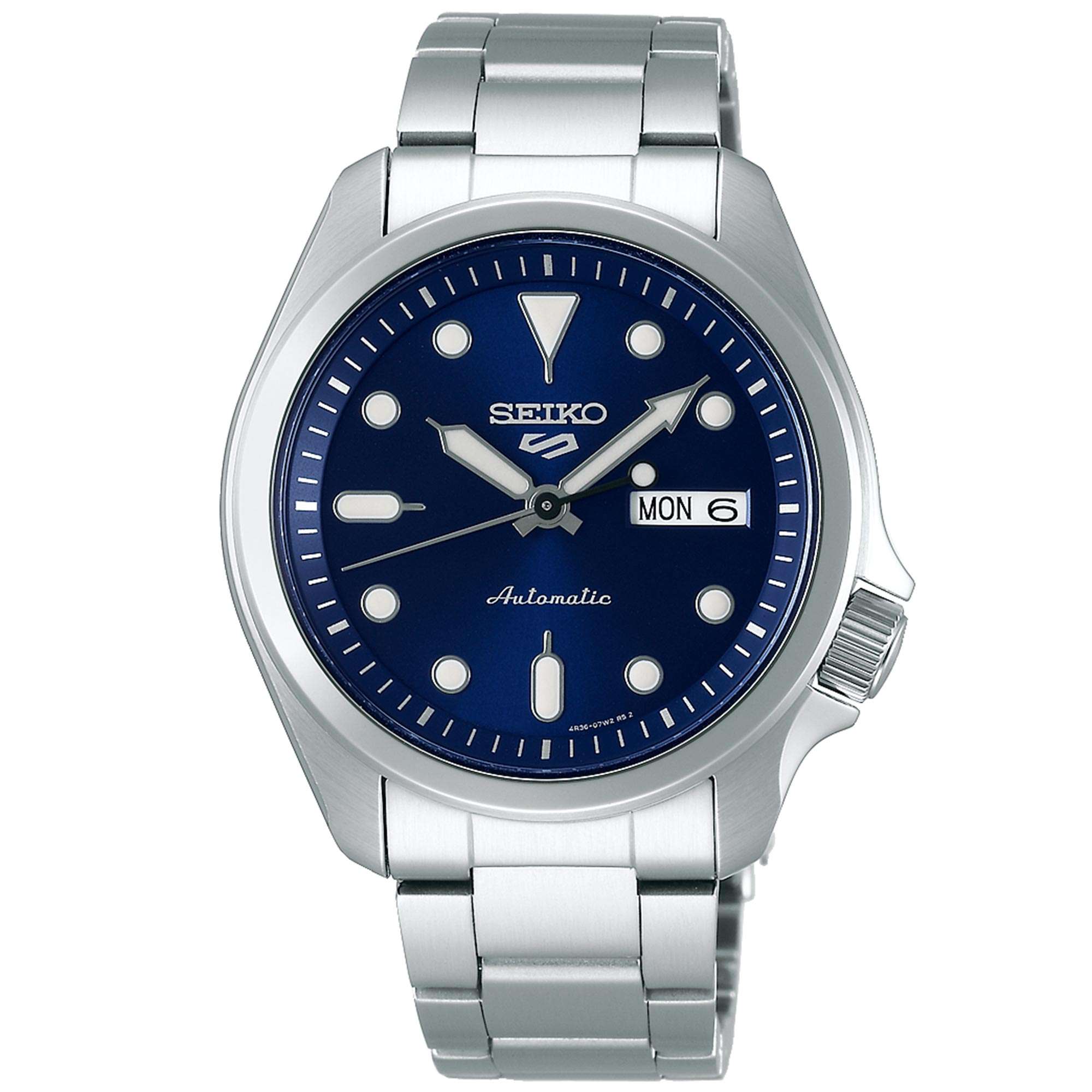 Seiko 5 Sports Solid Boy Automatik Uhr mit blauem Zifferblatt, silbernes Stahl, Herren, SRPE53K1