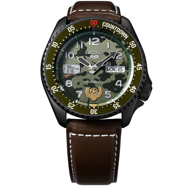 Seiko 5 Sports Street Fighter Guile Camouflage Dial Brown Leather Strap Men's Watch SRPF21K1
