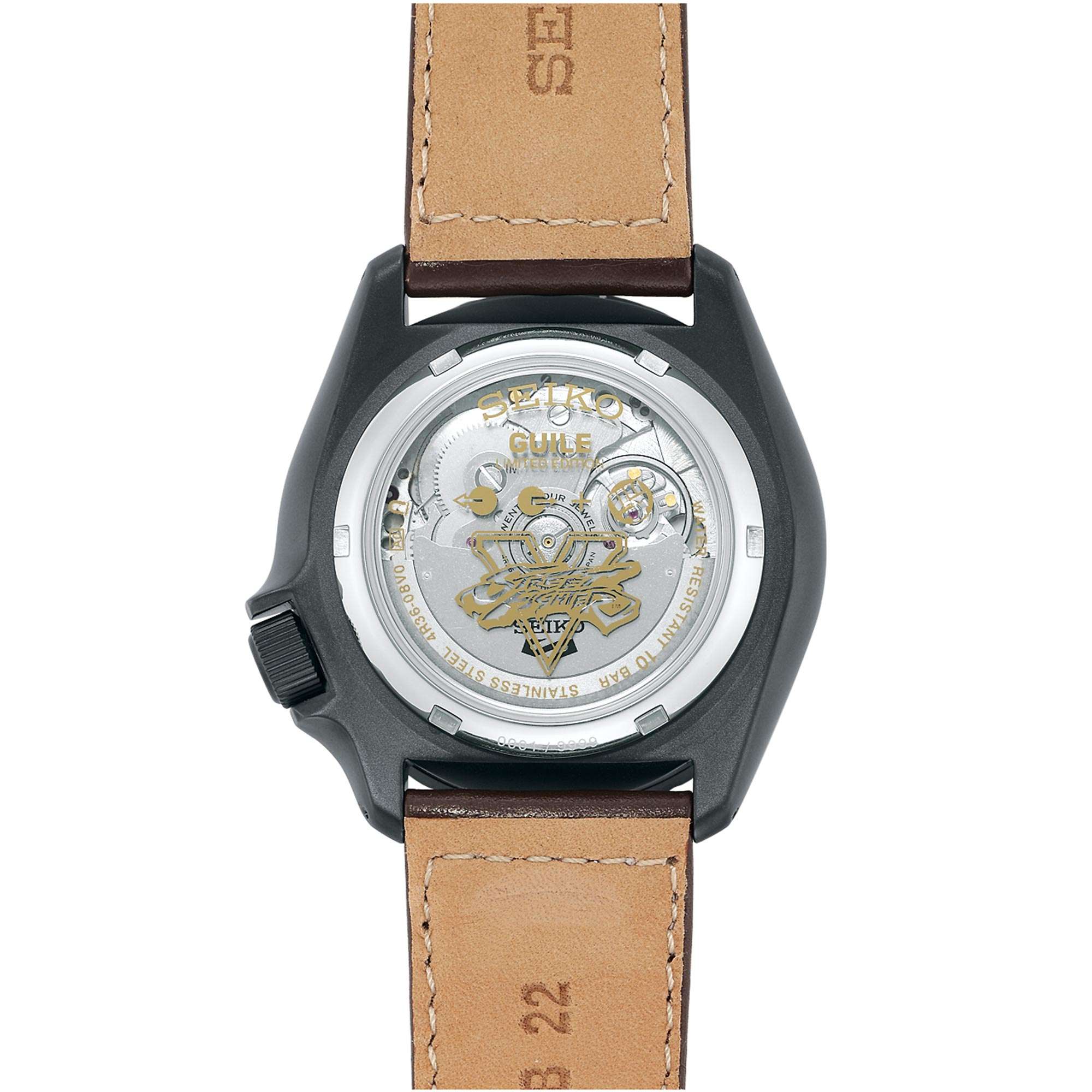 Seiko 5 Sports Street Fighter Guile Camouflage Dial Leather Strap Men's Watch SRPF21K1