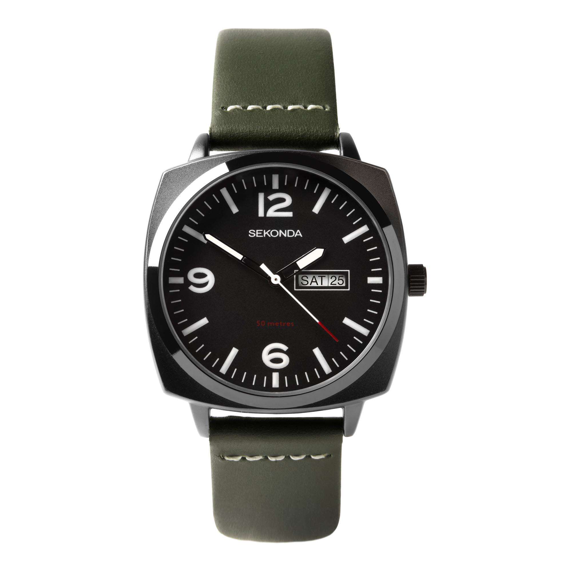 Sekonda Airborne Quarz Schwarze Zifferblatt Grüner Armband Herren Uhr 1990