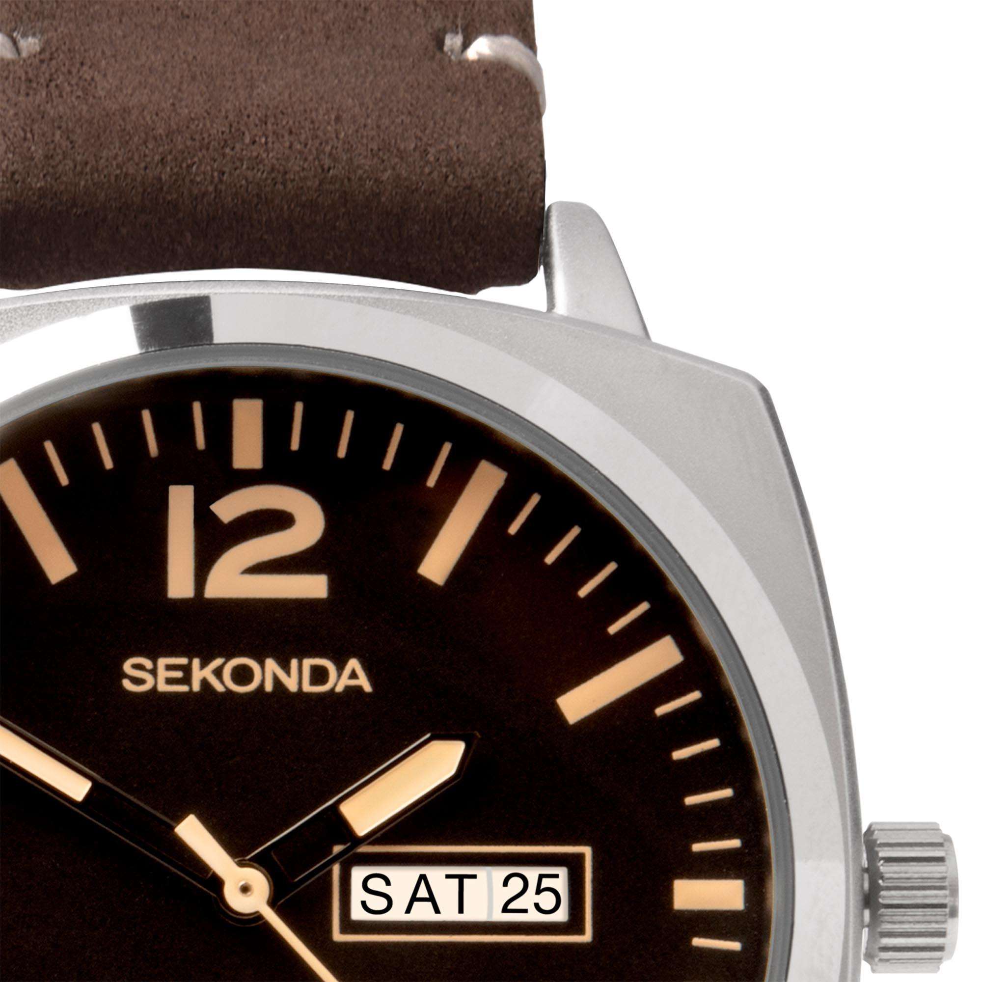 Sekonda Airborne Quarz Schwarze Zifferblatt Brauner Armband Herren Uhr 1988