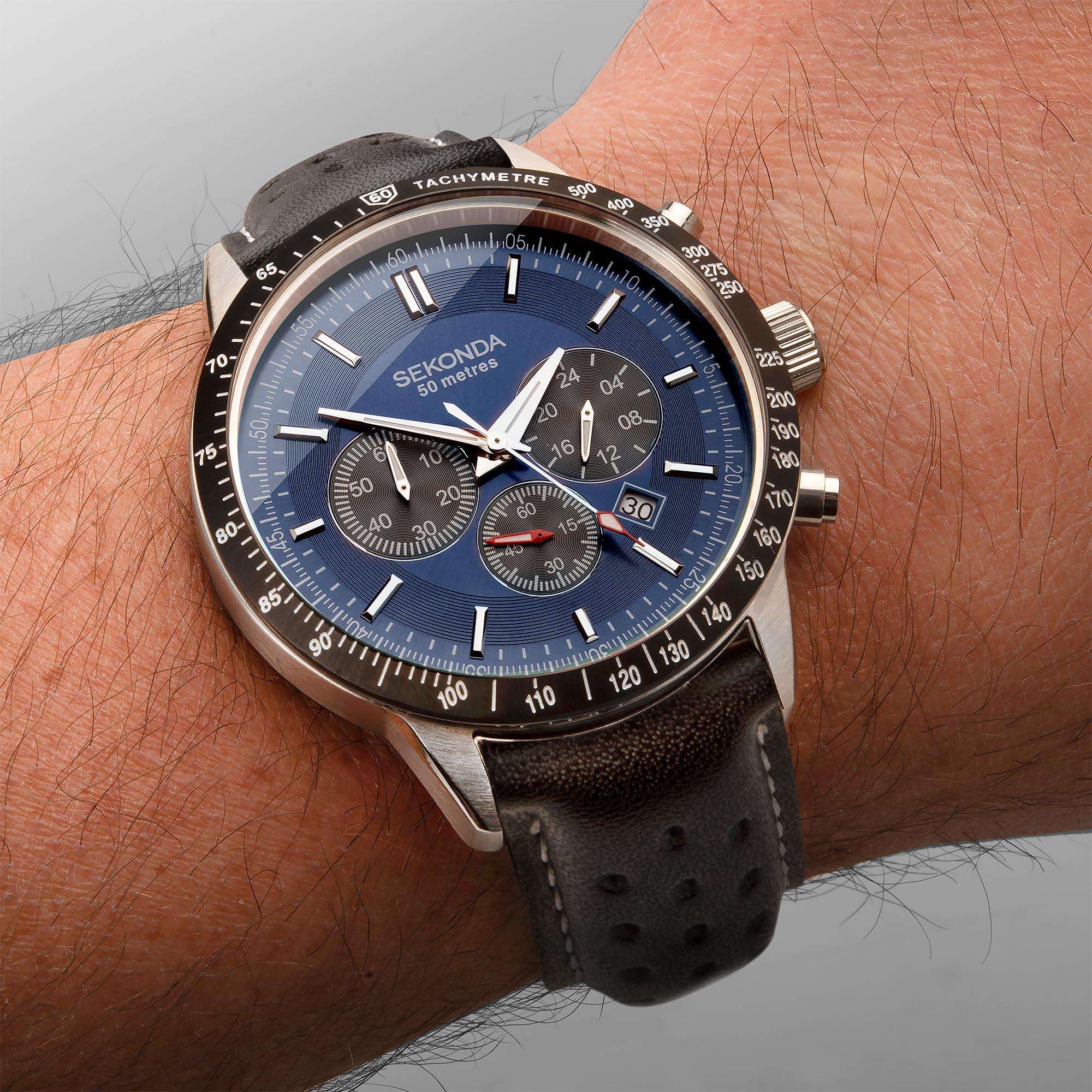 Sekonda Chronograph Quarz Blauer Zifferblatt Schwarzer Armband Herren Uhr 1971