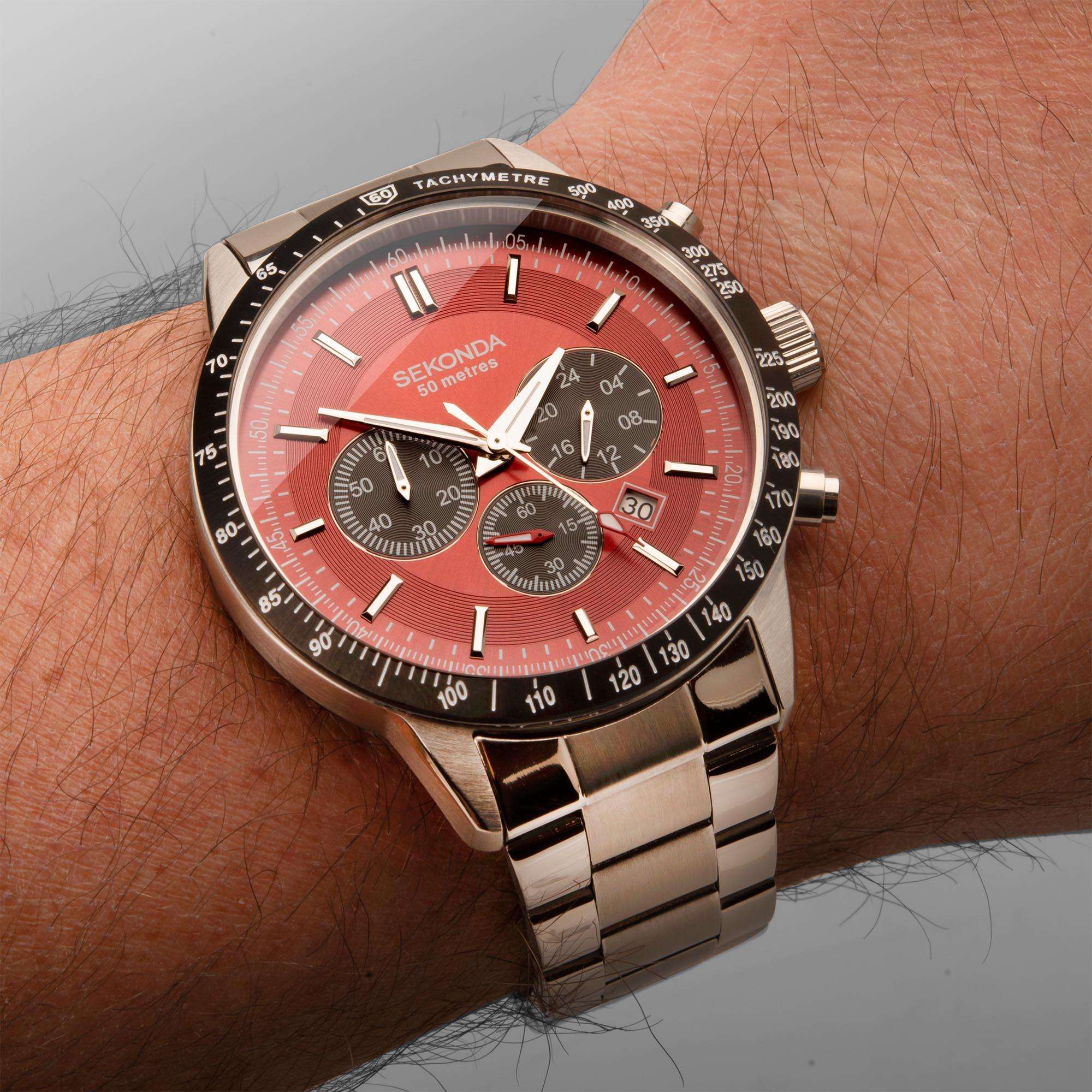 Sekonda Chronograph Quartz Red Dial Stainless Steel Bracelet Men's Watch 1914