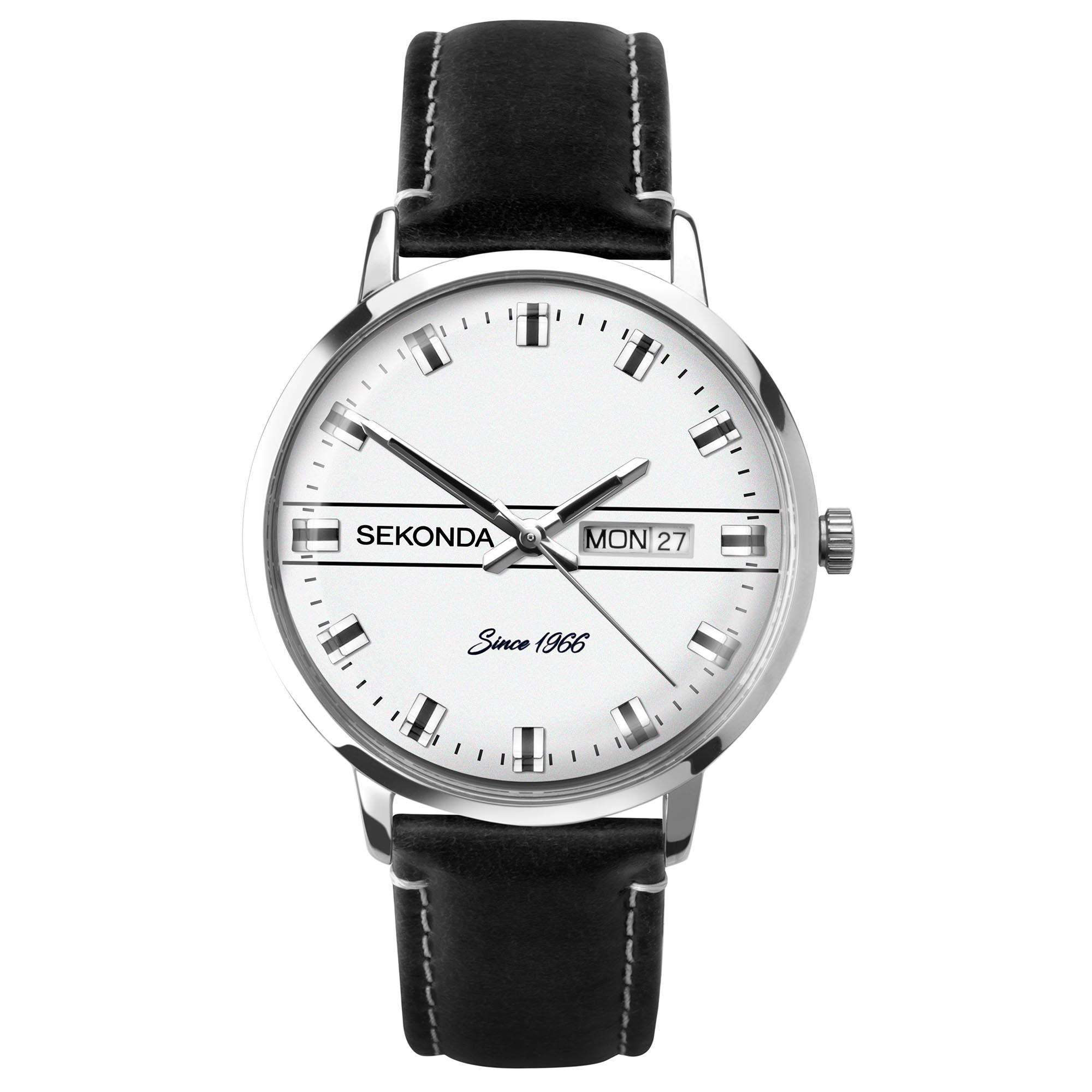 Sekonda Classic Quarz Weißer Zifferblatt Schwarzer Lederarmband Herren Uhr 1948