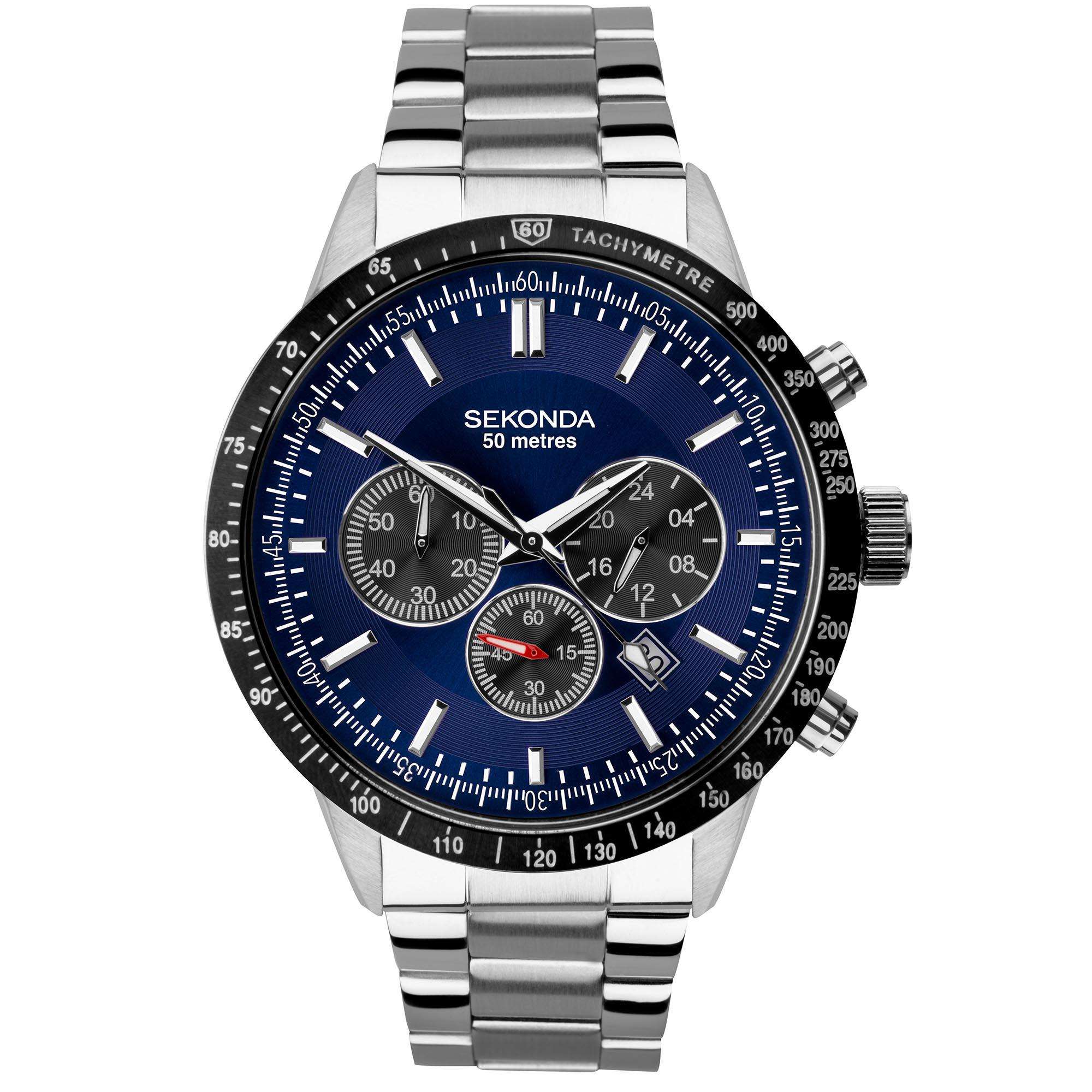 Sekonda Hero Chronograph Quarz Blaues Zifferblatt Edelstahlarmband Herren Uhr 1970