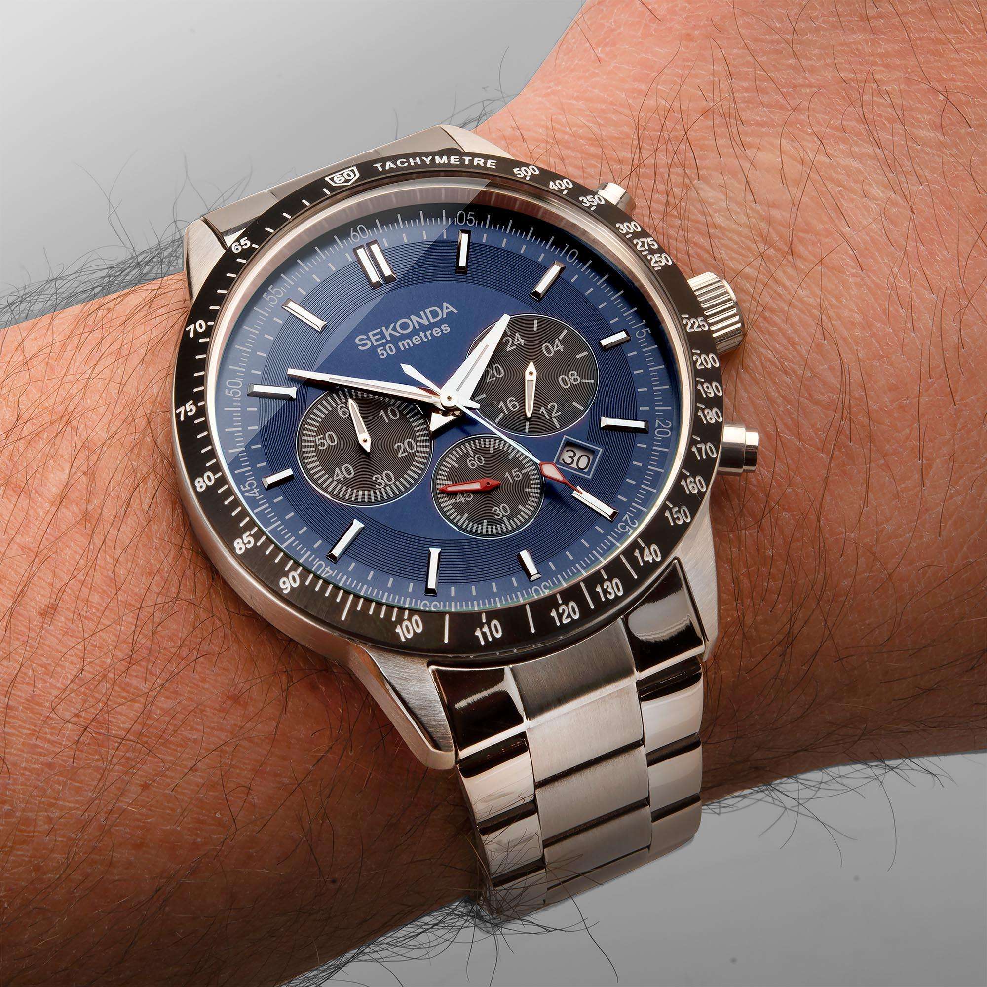 Sekonda Hero Chronograph Quarz Blaues Zifferblatt Edelstahlarmband Herren Uhr 1970