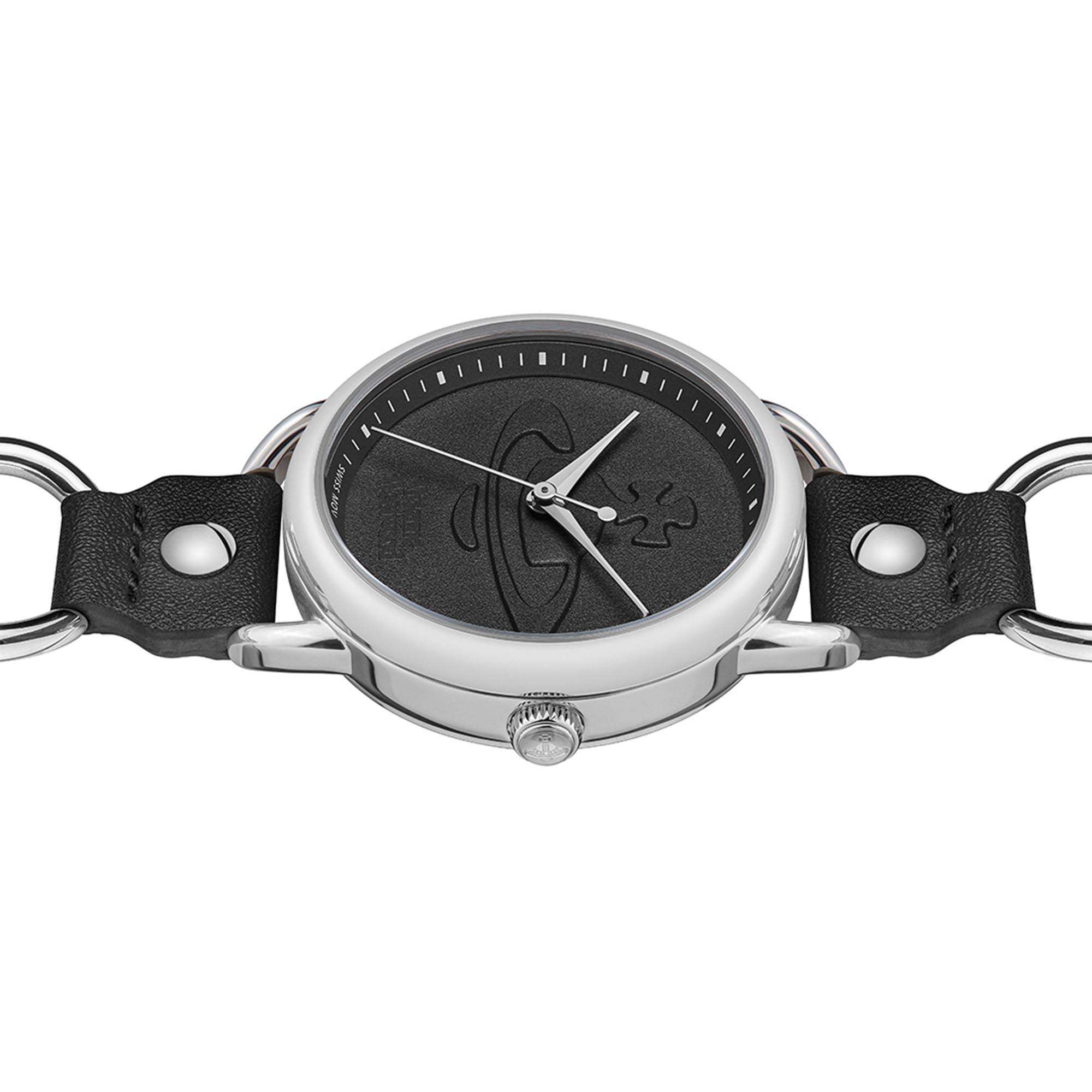 Vivienne Westwood Carnaby Quarz Schwarzes Zifferblatt Schwarzes Lederarmband Damen Uhr VV163BKSL