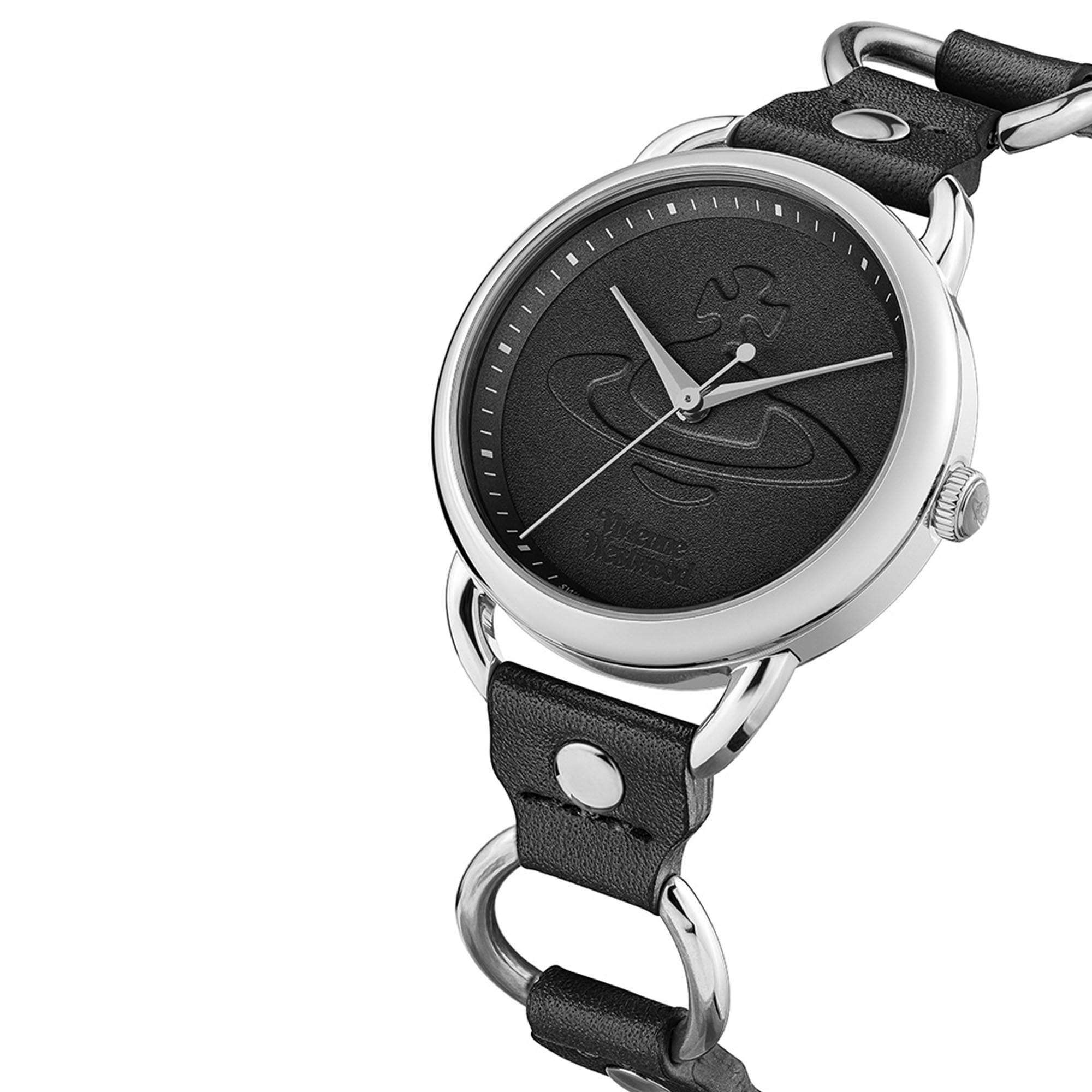 Vivienne Westwood Carnaby Quarz Schwarzes Zifferblatt Schwarzes Lederarmband Damen Uhr VV163BKSL