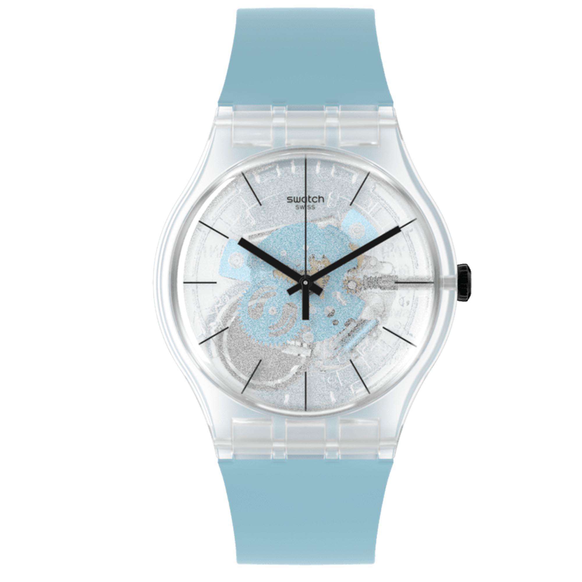 Swatch New Gent Blue Daze Quarz Transparentes Zifferblatt Blaues Armband Unisex Uhr SO29K105