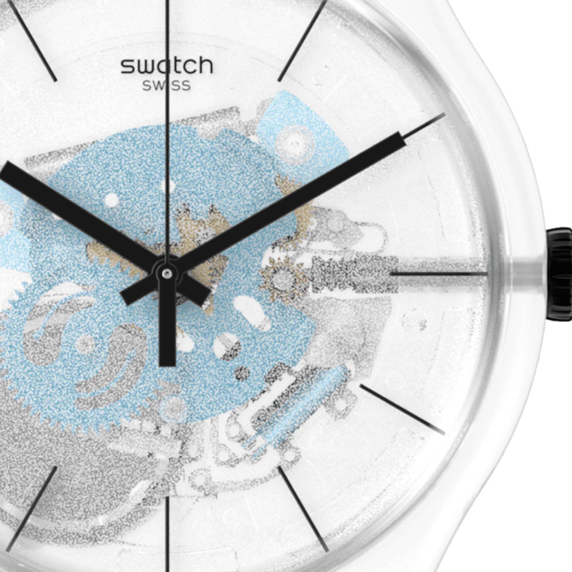 Swatch New Gent Blue Daze Quarz Transparentes Zifferblatt Blaues Armband Unisex Uhr SO29K105