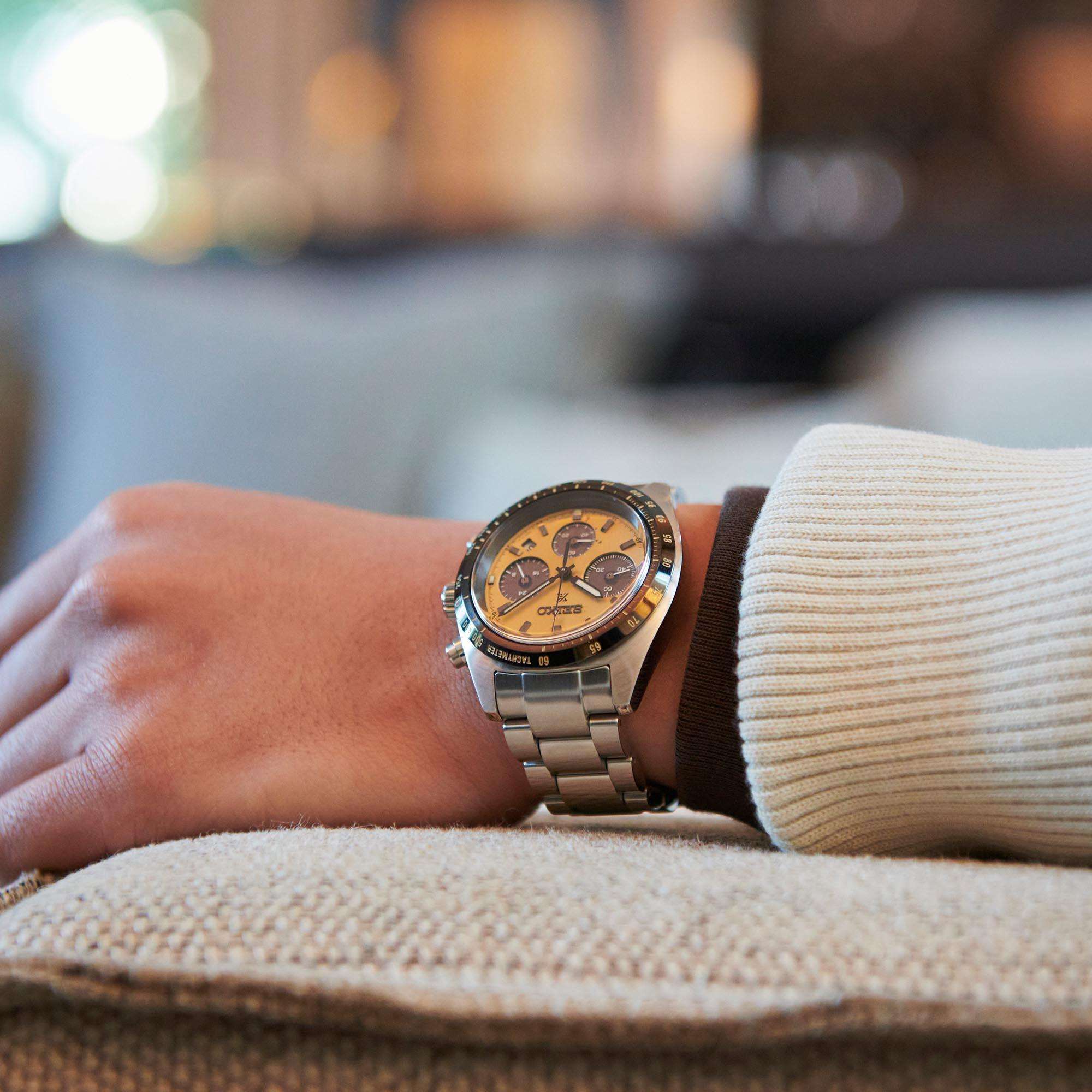 Seiko Prospex Speedtimer Chronograph Solar Golden Zifferblatt Stahlarmband Herren Uhr SSC817P1