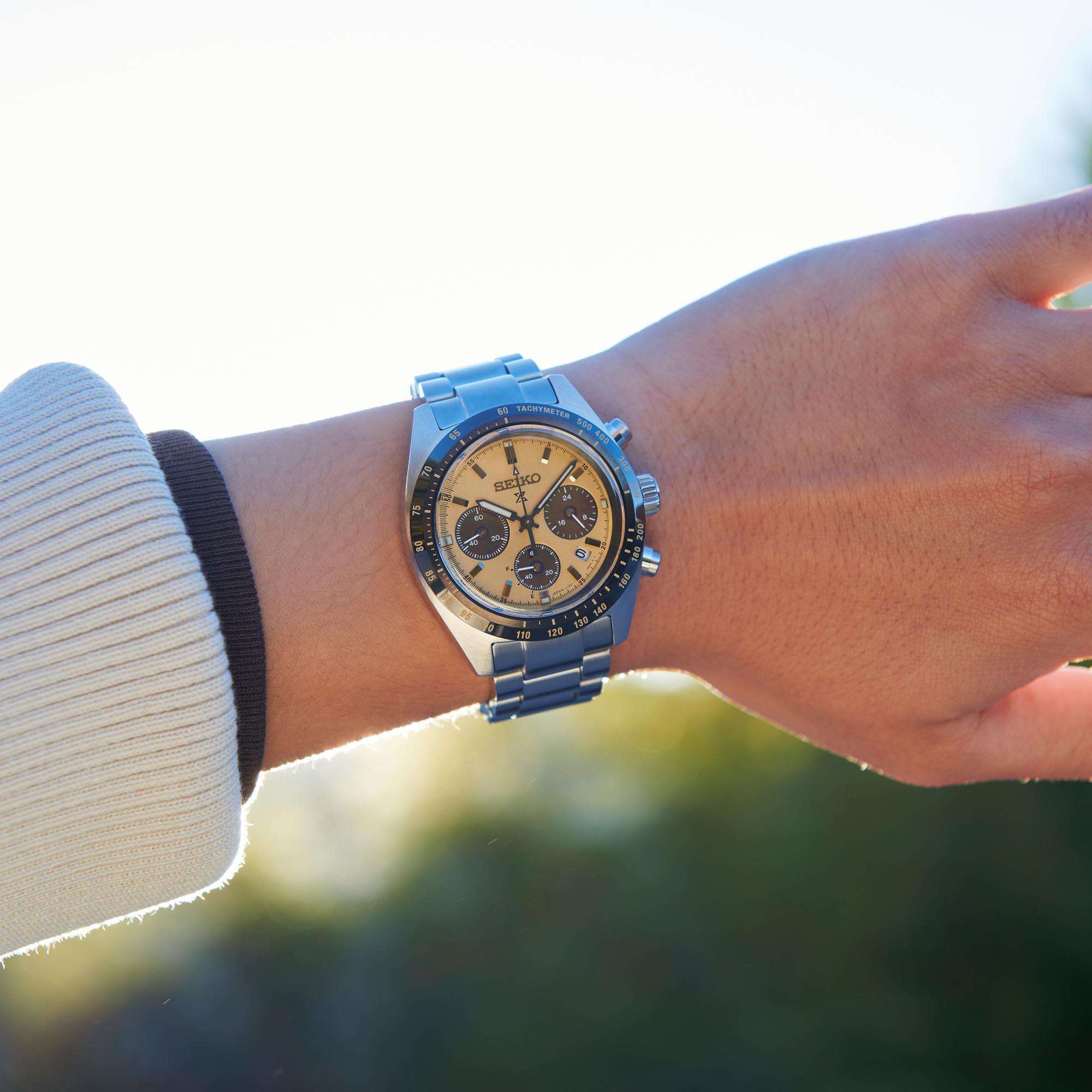 Seiko Prospex Speedtimer Chronograph Solar Golden Zifferblatt Stahlarmband Herren Uhr SSC817P1