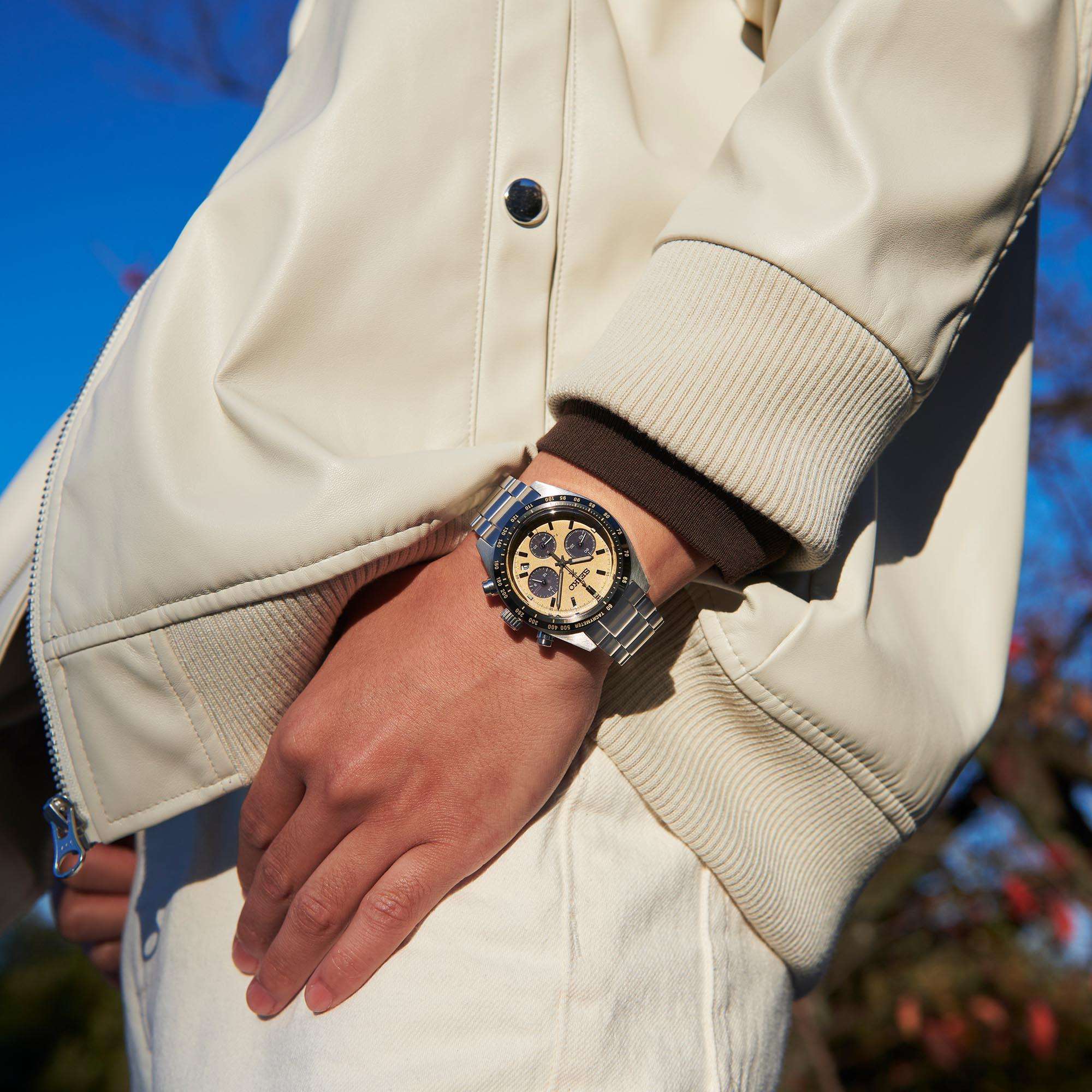 Seiko Prospex Speedtimer Chronograph Solar Golden Zifferblatt Stahlarmband Herren Uhr SSC817P1