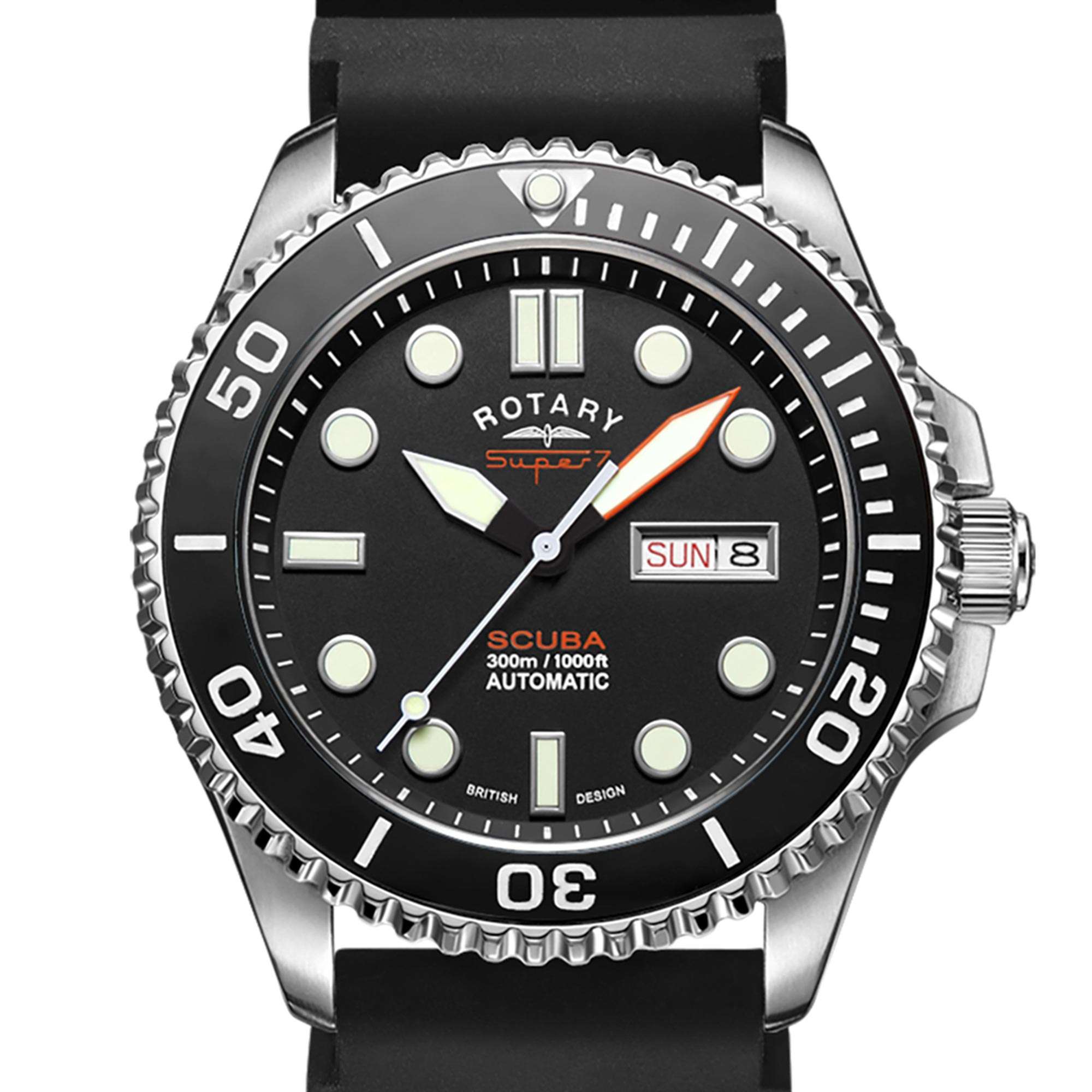 Rotary Super 7 SCUBA Automatik Schwarzes Zifferblatt Keramikkranz Silikonarmband Herren Taucheruhr S7S001S
