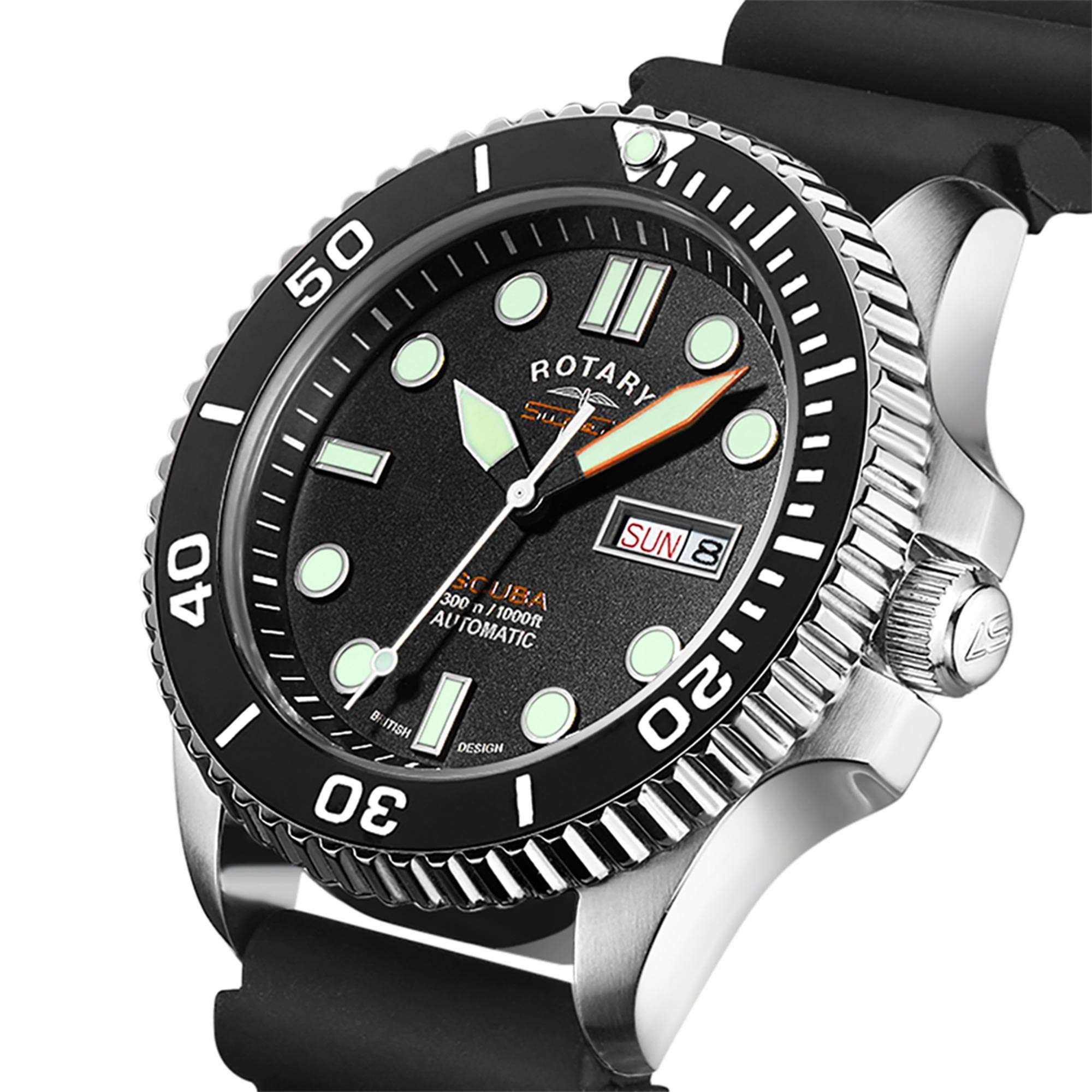 Rotary Super 7 SCUBA Automatik Schwarzes Zifferblatt Keramikkranz Silikonarmband Herren Taucheruhr S7S001S