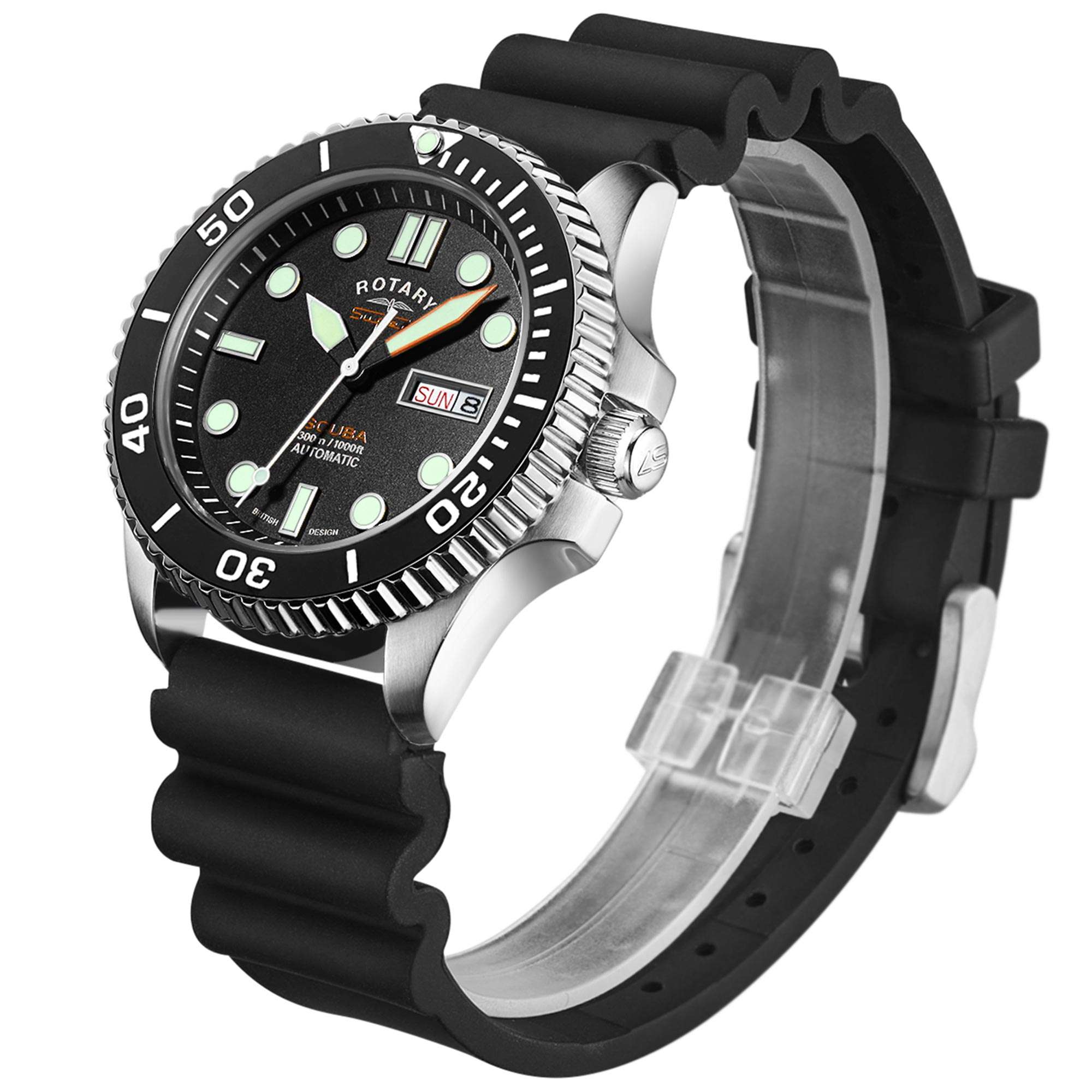Rotary Super 7 SCUBA Automatik Schwarzes Zifferblatt Keramikkranz Silikonarmband Herren Taucheruhr S7S001S