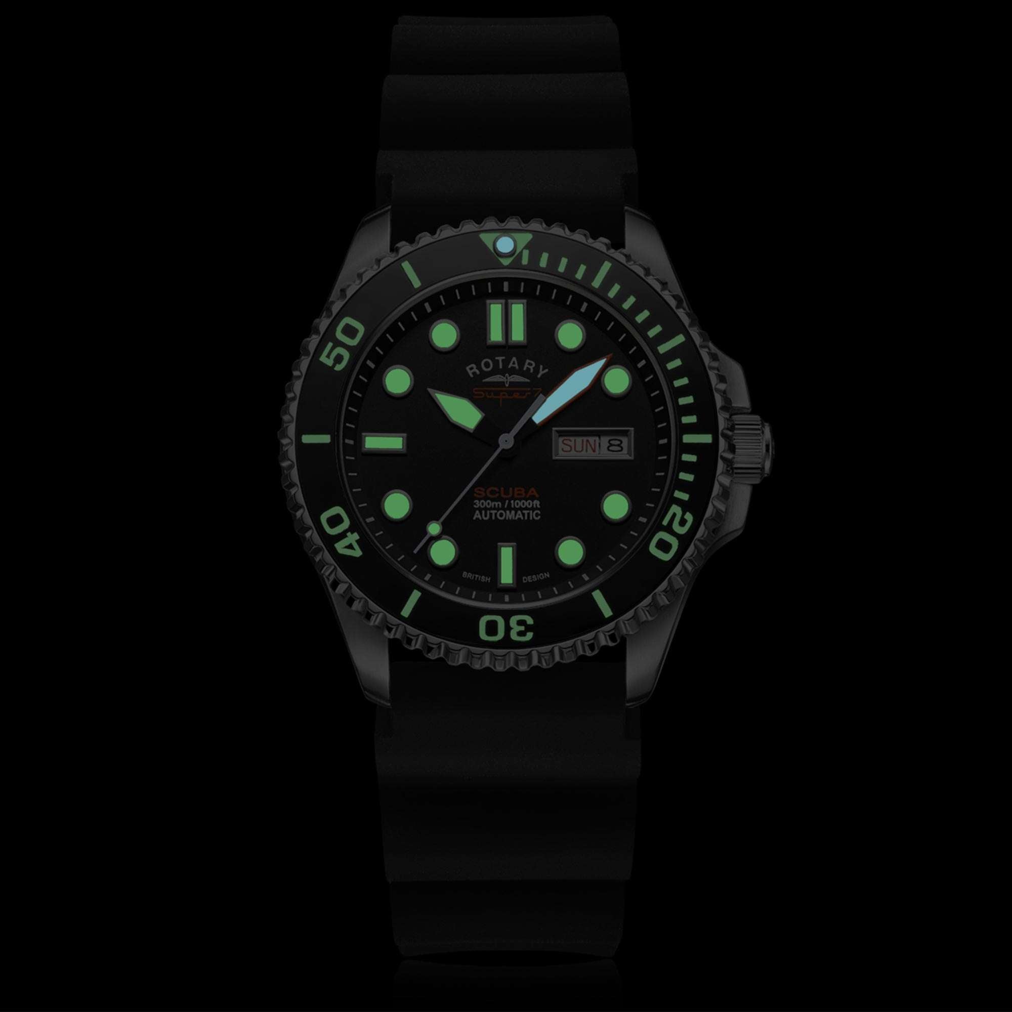 Rotary Super 7 SCUBA Automatik Schwarzes Zifferblatt Keramikkranz Silikonarmband Herren Taucheruhr S7S001S