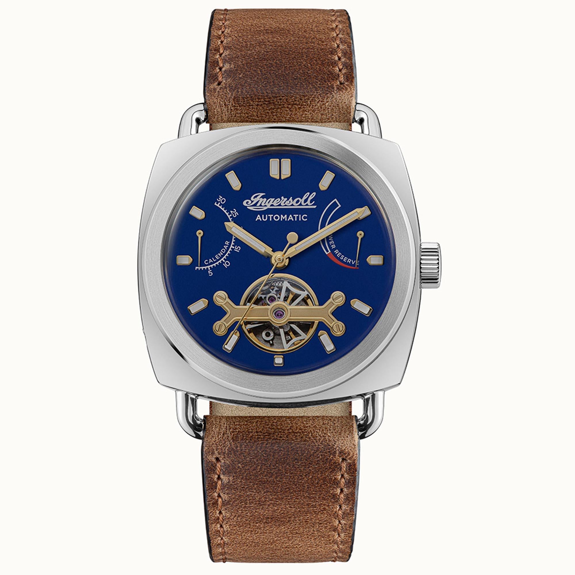 Ingersoll Die Nashville Automatik Blaues Zifferblatt Braunes Lederarmband Herren Uhr I13001