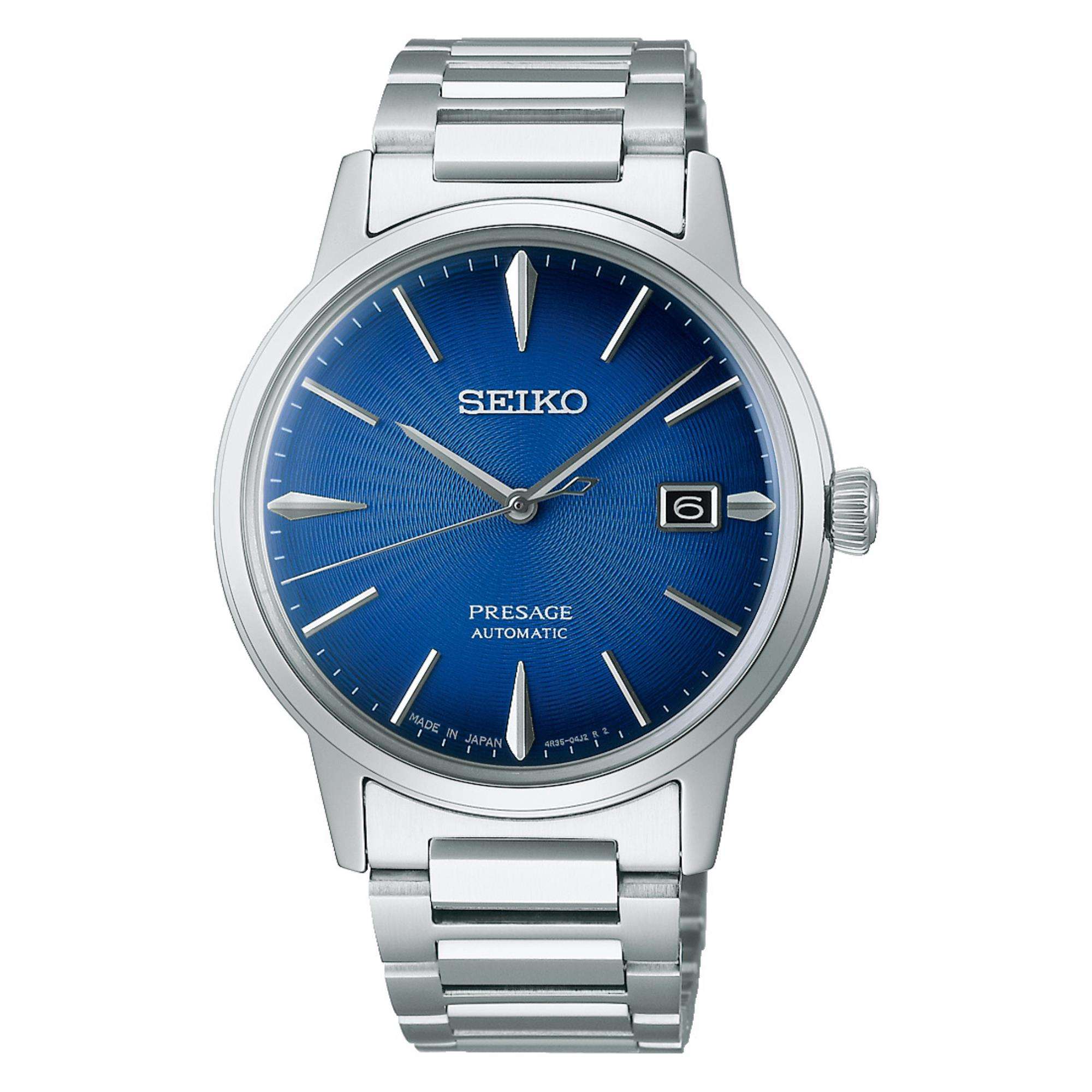 Seiko Presage Cocktail Time Automatik Blaues Zifferblatt Edelstahlarmband Herren Uhr SRPJ13J1
