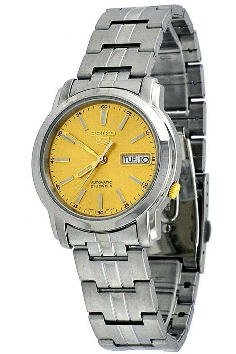 Seiko 5 Automatik Goldenes Zifferblatt Edelstahl Armband Herren Uhr SNKL81K1