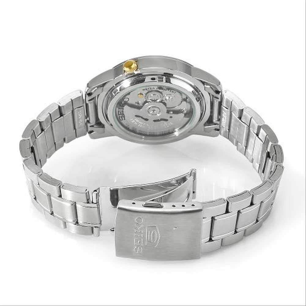 Seiko 5 Automatic watch  SNKK13K1 showing its exhibition case back and stainless steel bracelet with engraved clasp
