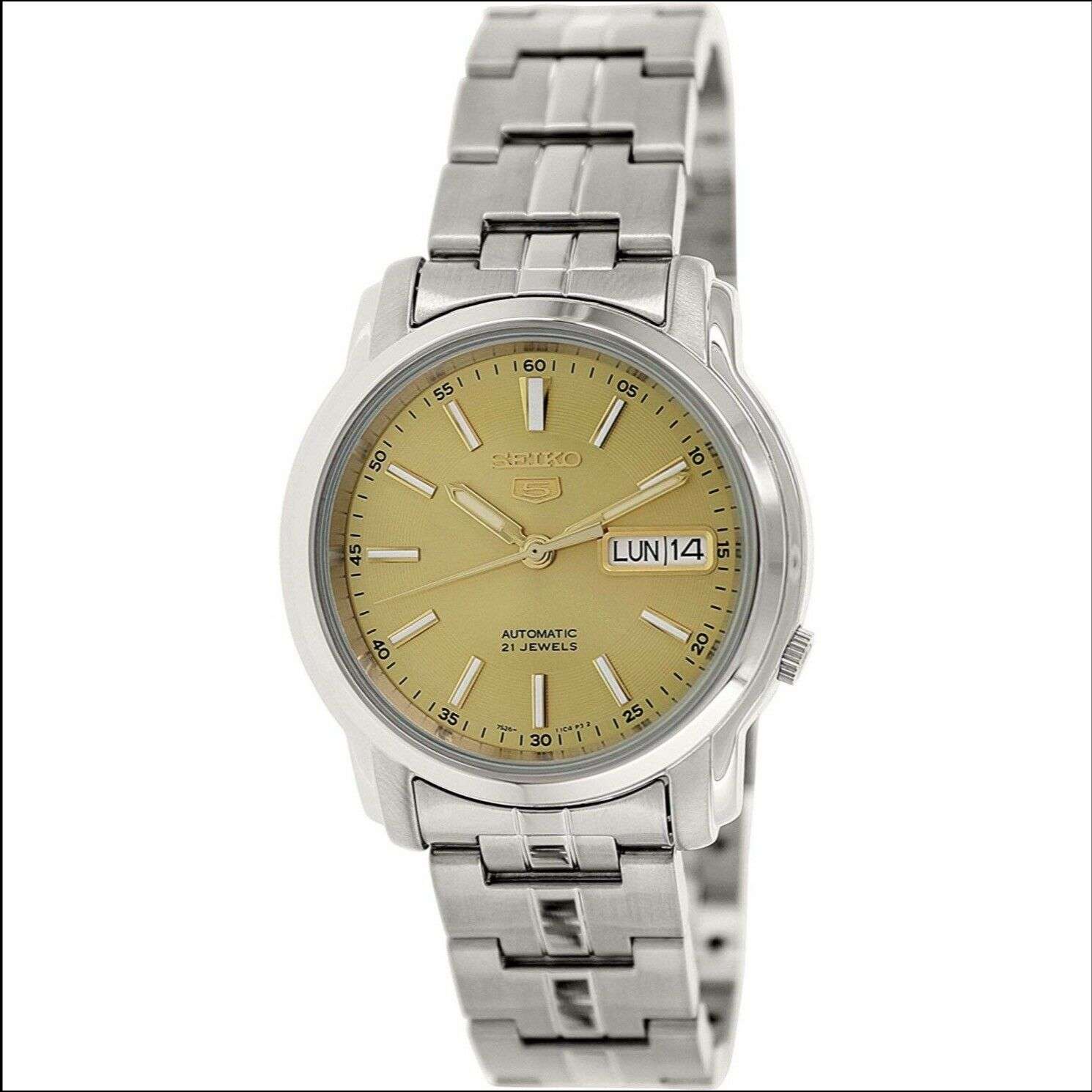 Seiko 5 Automatik Goldenes Zifferblatt Edelstahl Armband Herren Uhr SNKL81K1