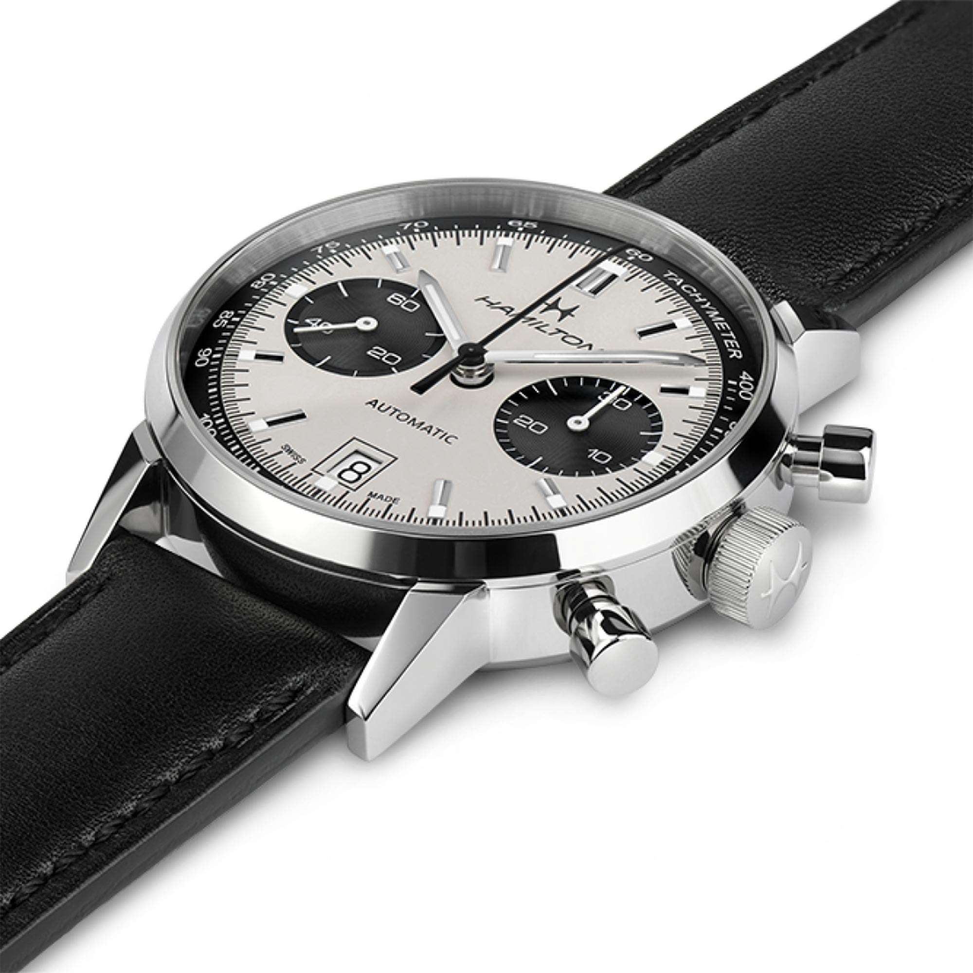 Hamilton American Classic chronograph showing white dial and black leather strap from angle H38416711