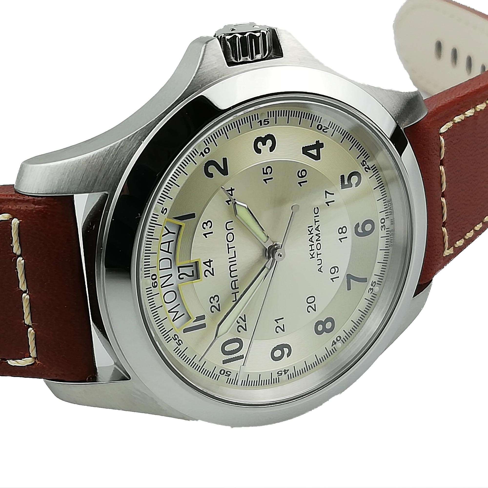 Hamilton Khaki Field H64455523 40mm brushed case with crown guard side profile