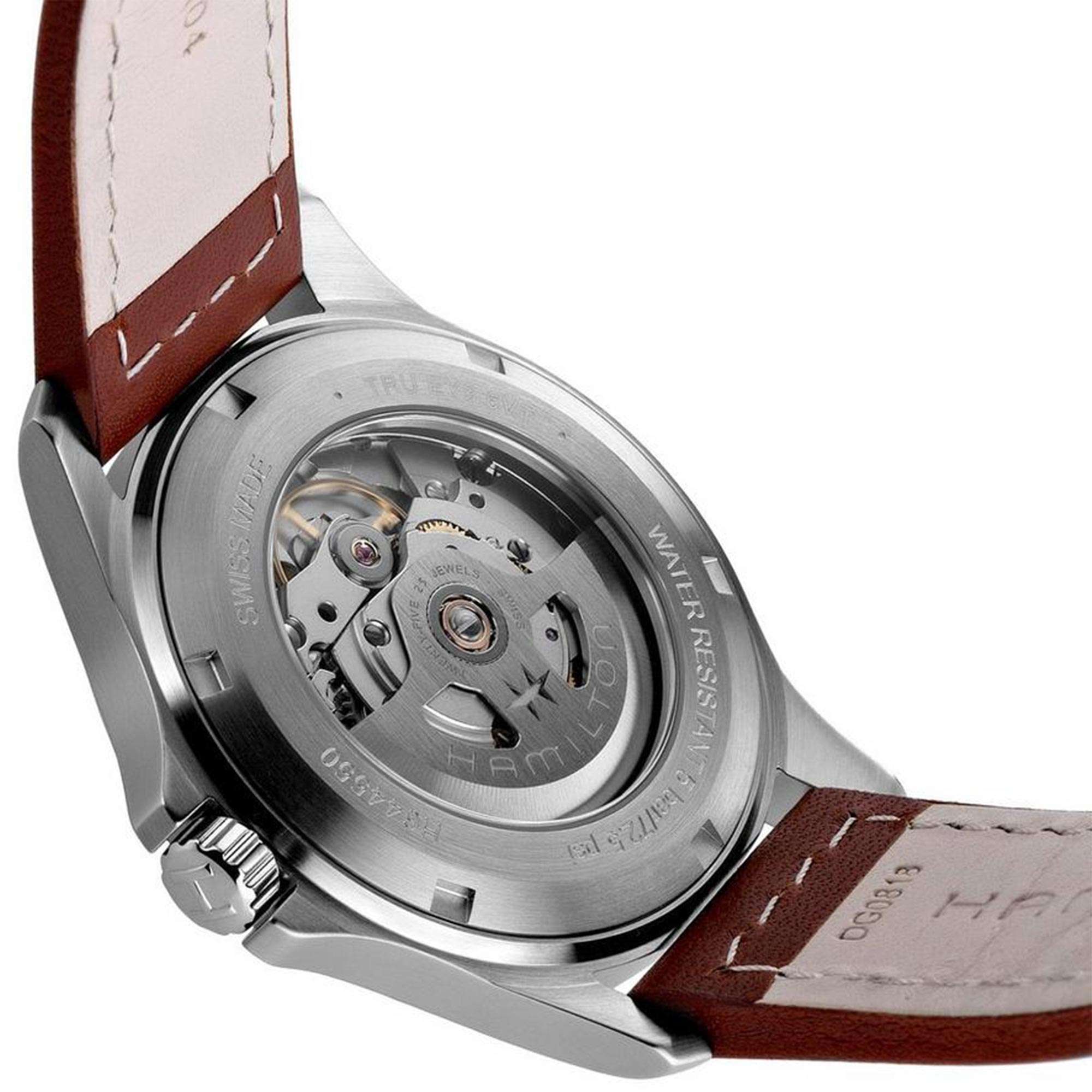 Hamilton Khaki Field H64455523 skeleton screw-down caseback revealing H-40 movement
