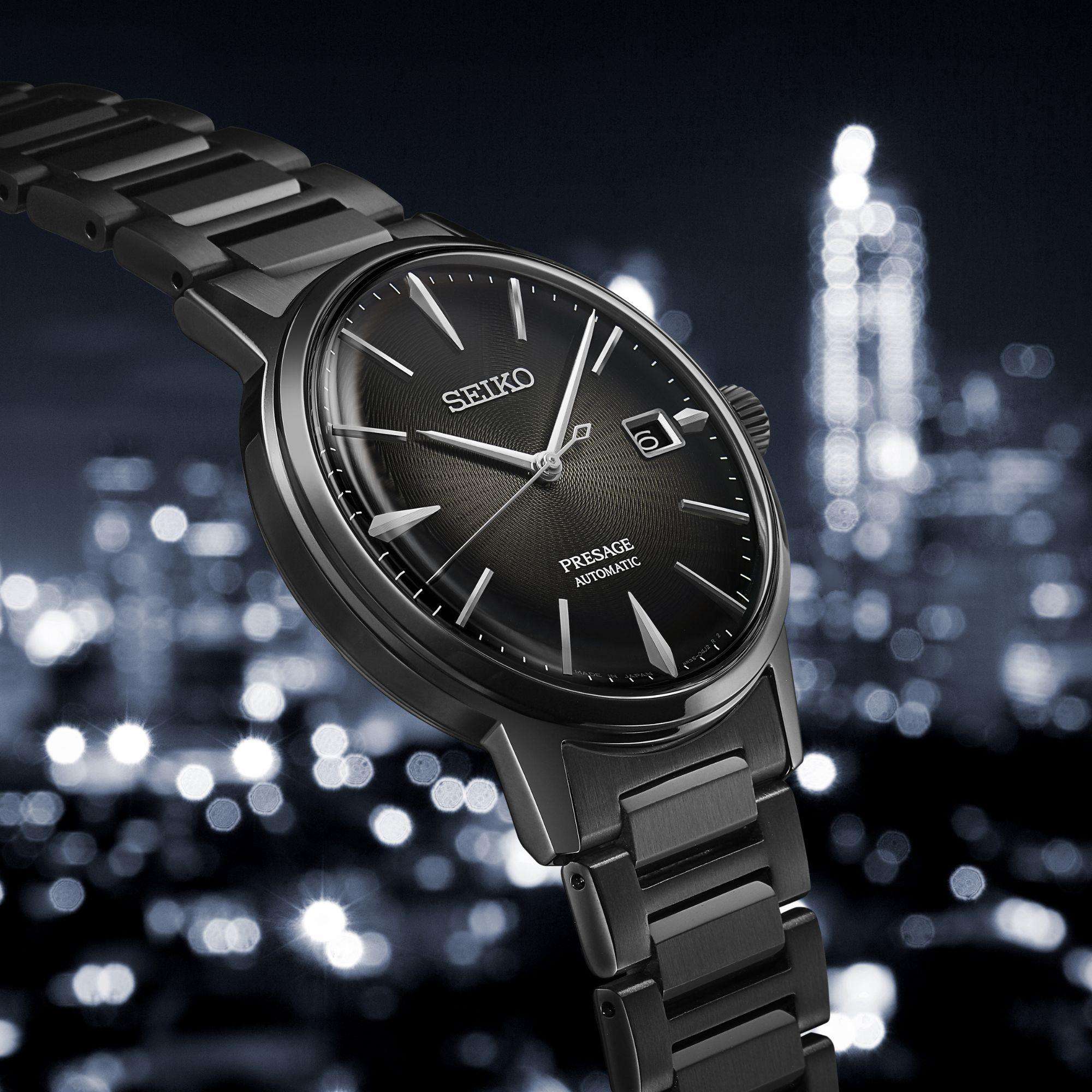 Seiko Presage Cocktail Time 'Black Velvet' Automatic Black Dial Black PVD Stainless Steel Bracelet Men's Watch SRPJ15J1