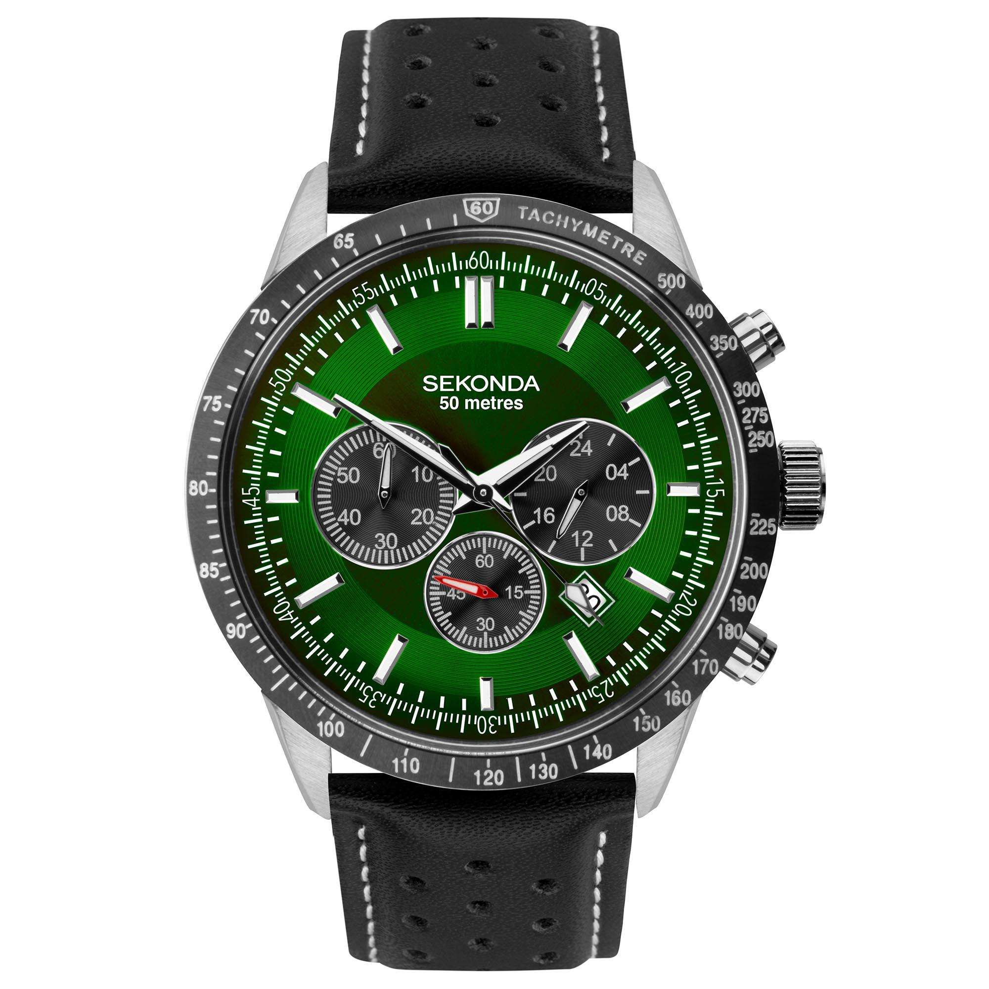 Sekonda Chronograph Quarz Grünes Zifferblatt Schwarzes Lederarmband Herren Uhr 1937