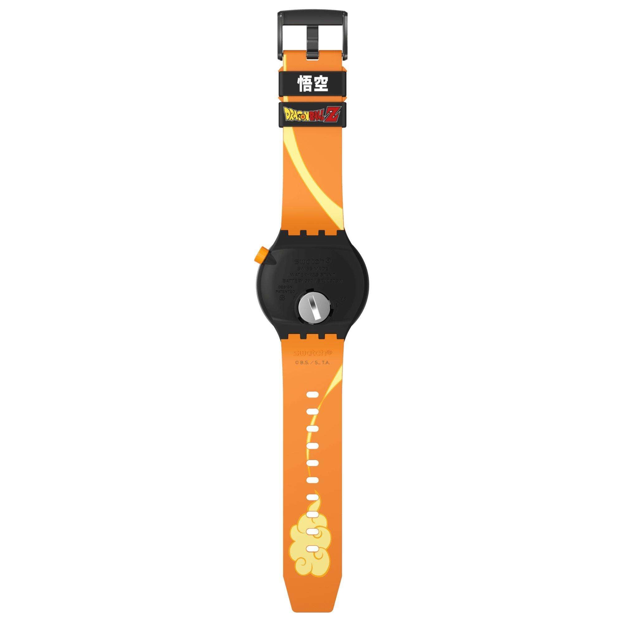 Orange and black watch with a character design on a white background