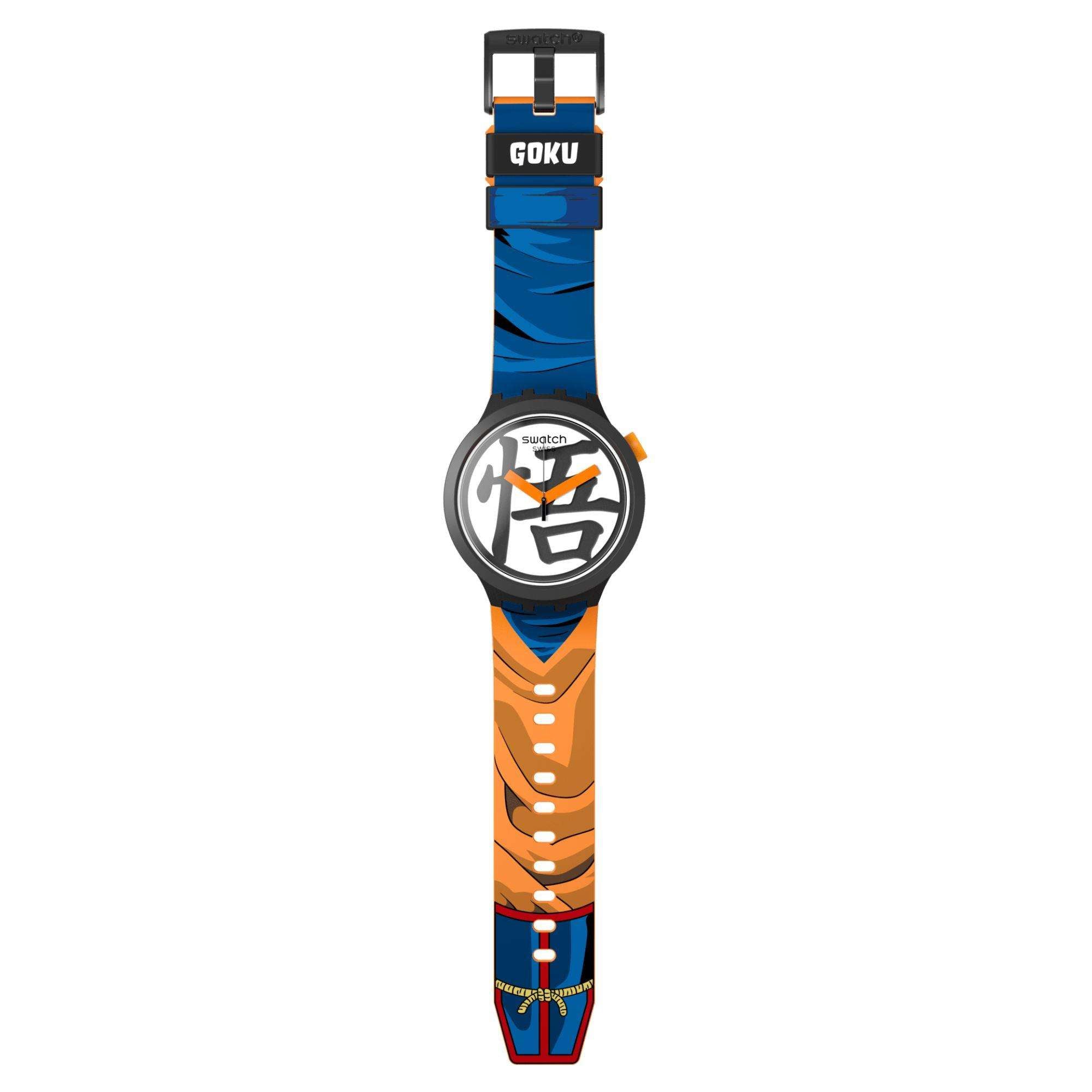 Wristwatch with blue and orange strap featuring the brand 'Goku' on a white background