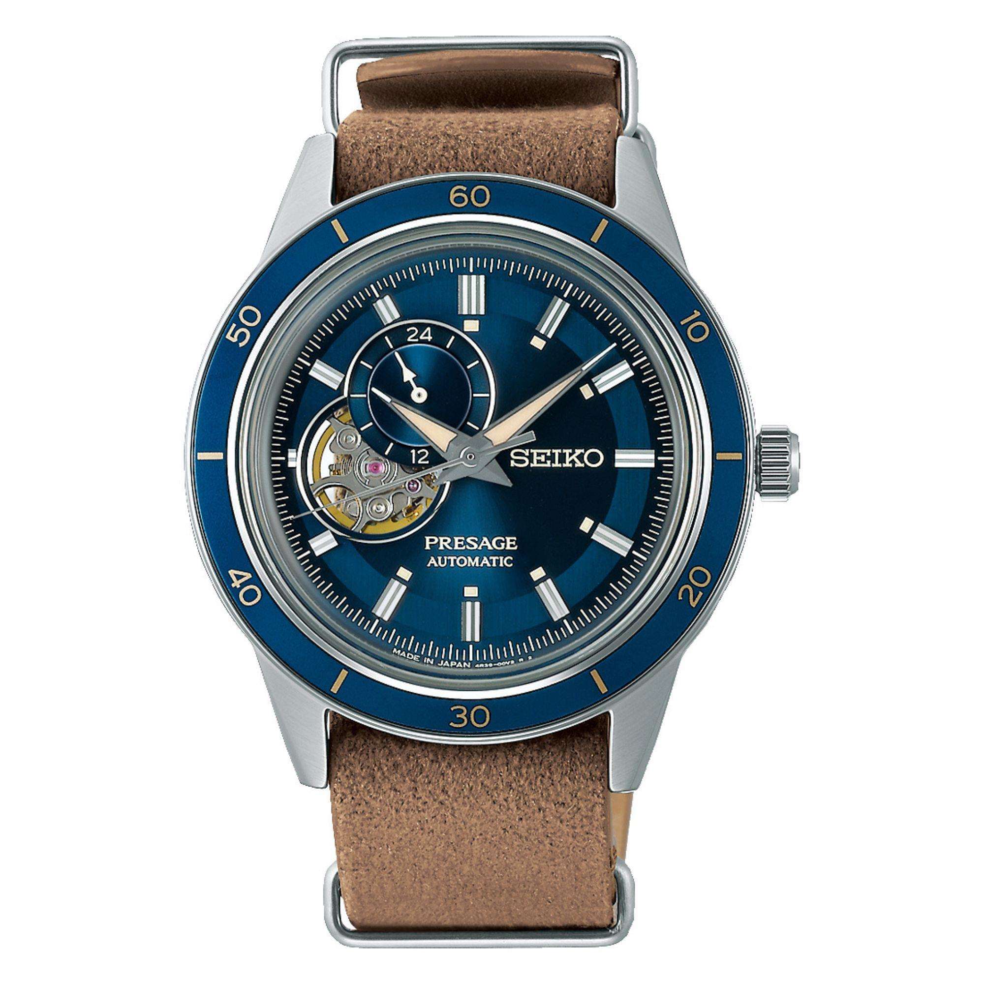 Seiko Presage Style 60s Automatik Blaues Zifferblatt Beiges Lederarmband Herren Uhr SSA453J1