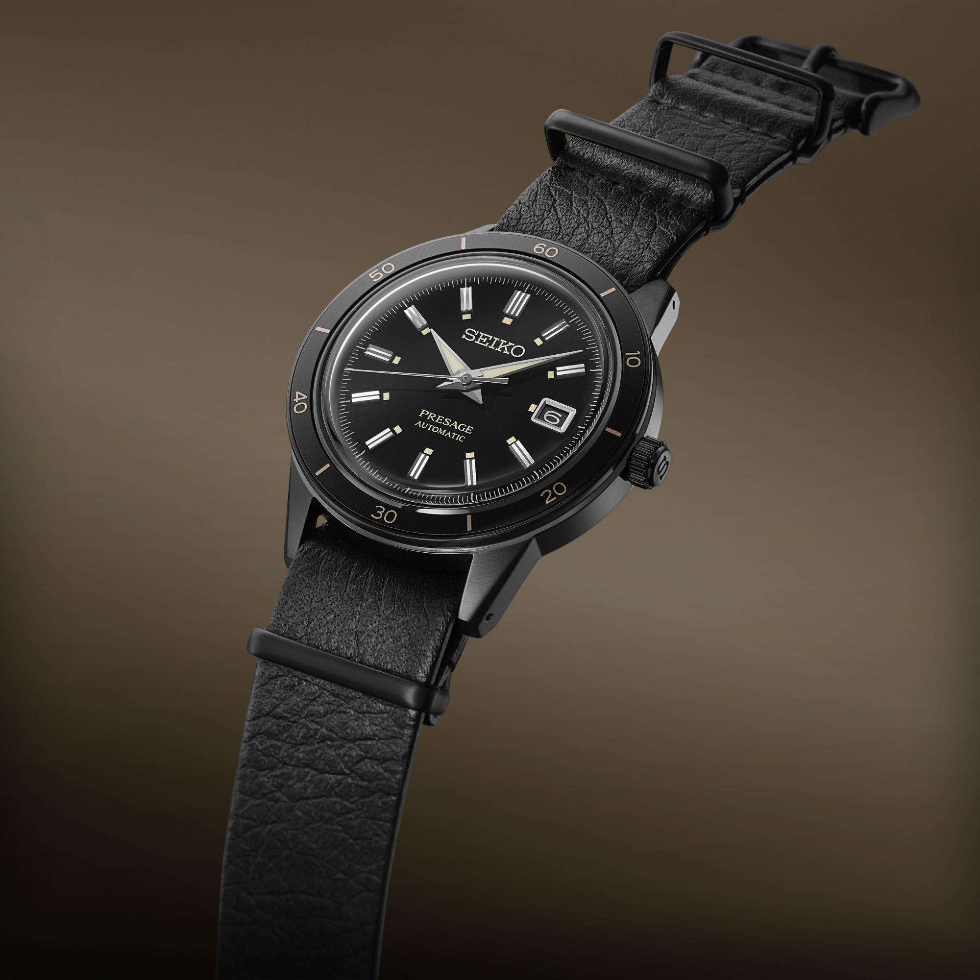 Seiko Presage Style 60's Automatik Schwarzes Zifferblatt Schwarzes Lederarmband Herren Uhr SRPH95J1