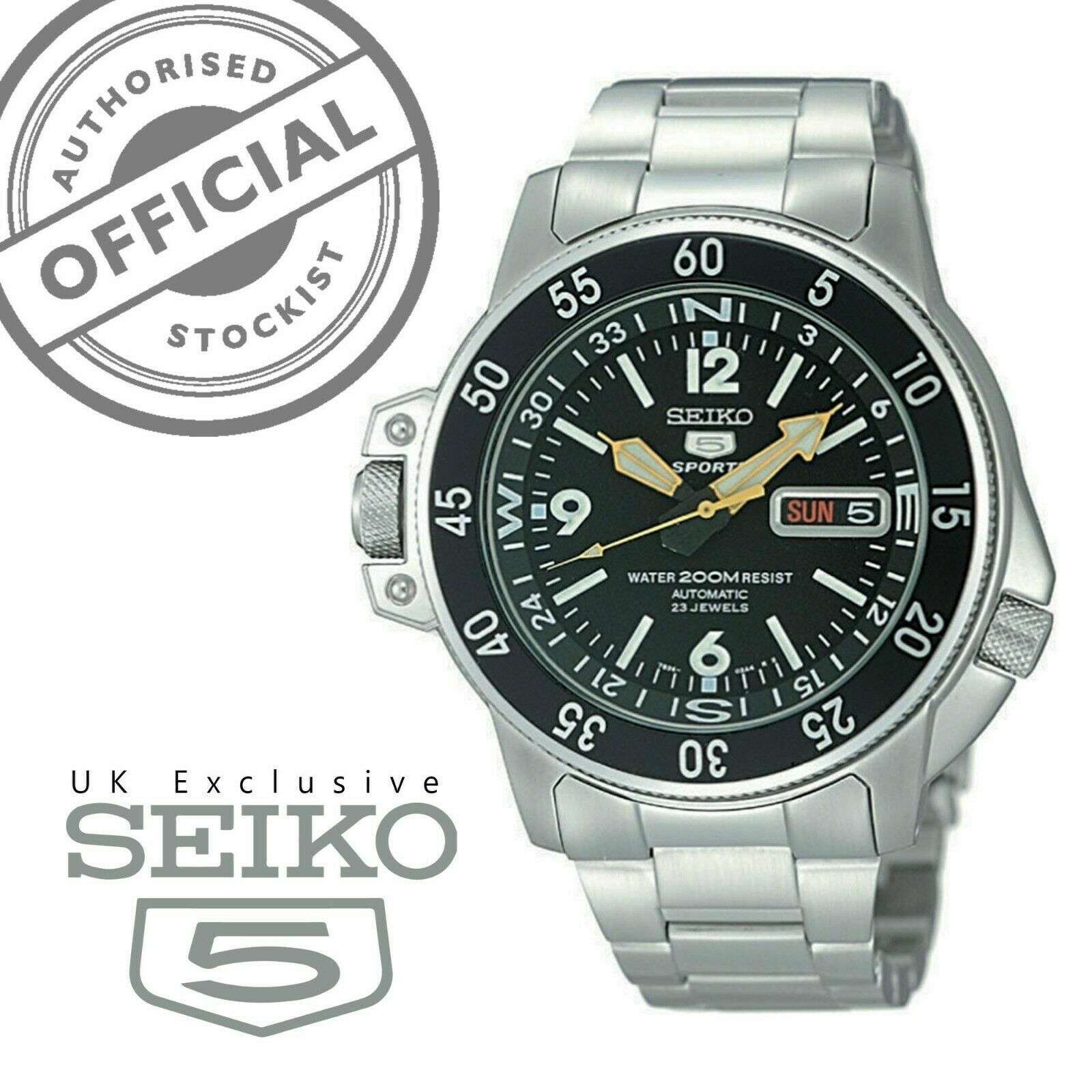 Seiko 5 Sports Land Shark Atlas Automatik Schwarzes Zifferblatt Stahl Herren Uhr SKZ211K1