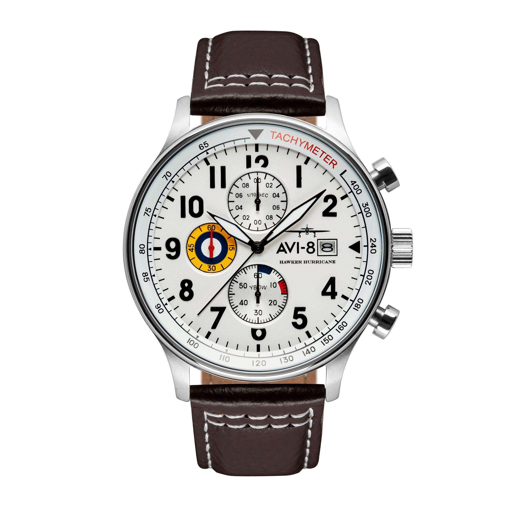 Die AVI-8 Hawker Hurricane Classic Chronograph Uhr mit weißem Zifferblatt und braunem Lederarmband für Herren AV-4011-01