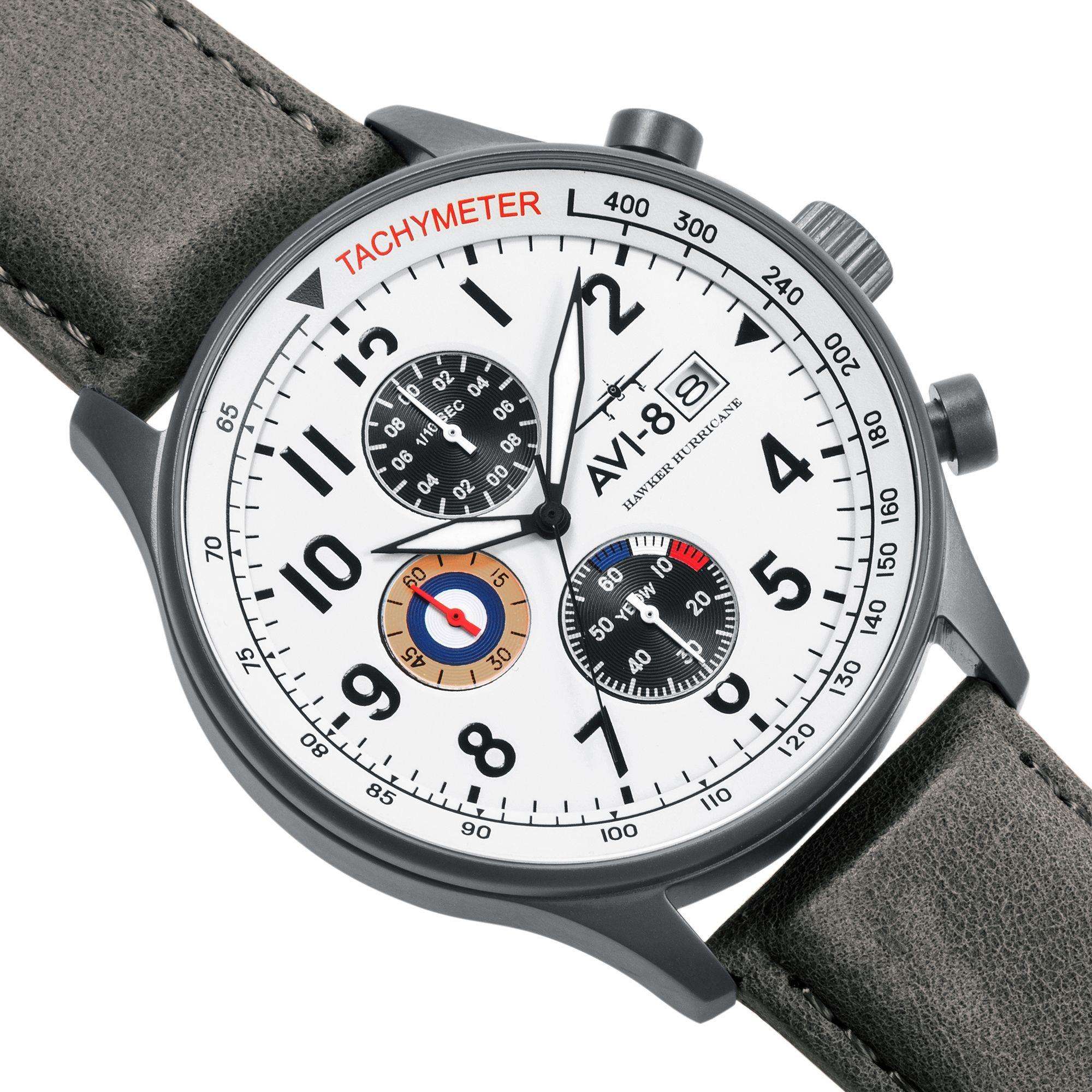 Die AVI-8 Hawker Hurricane Classic Chronograph Uhr mit weißem Zifferblatt und grauem Lederarmband für Herren AV-4011-0B